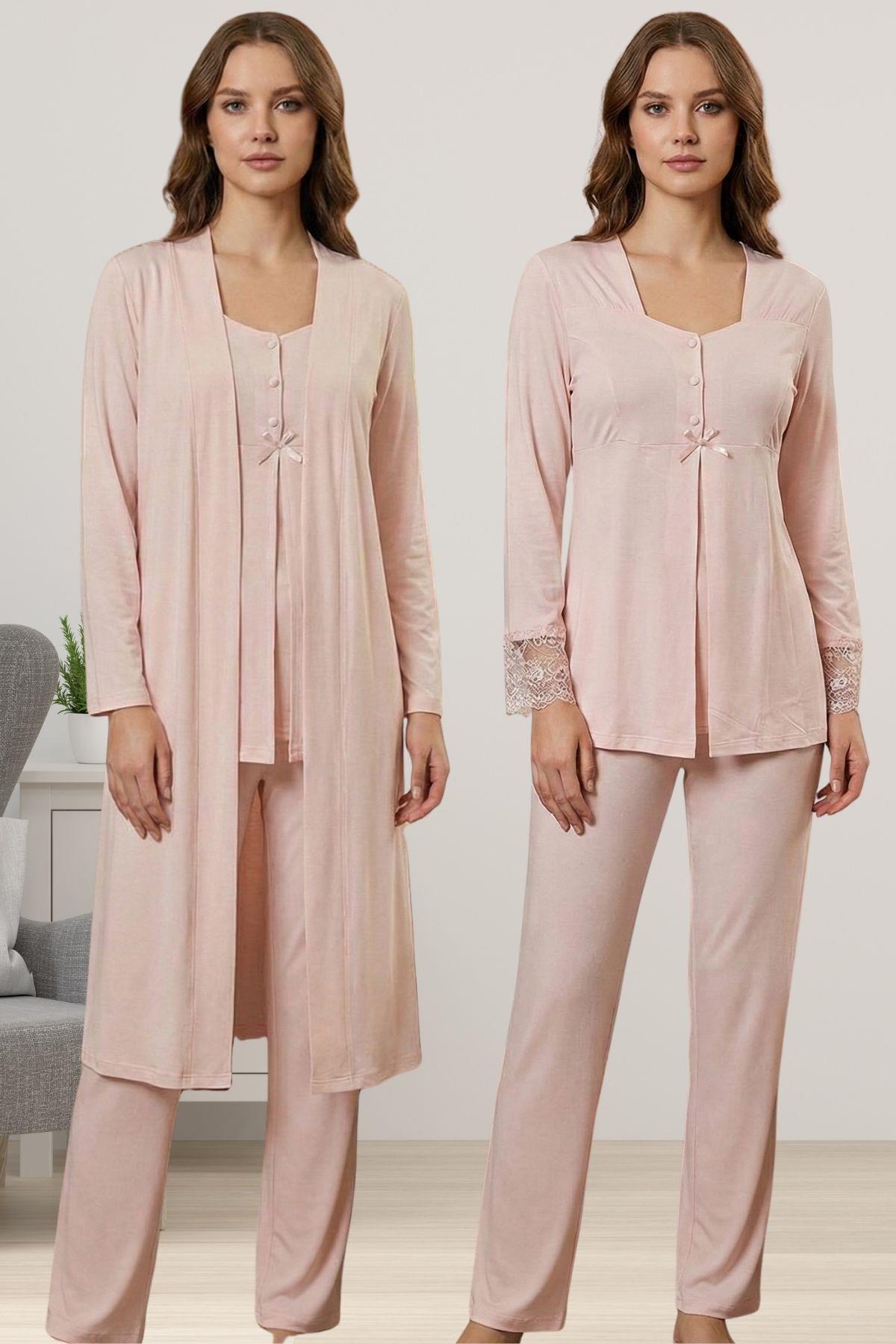 Effortt 9048 Pudra Sabahlıklı Hamile Lohusa Pijama Takımı