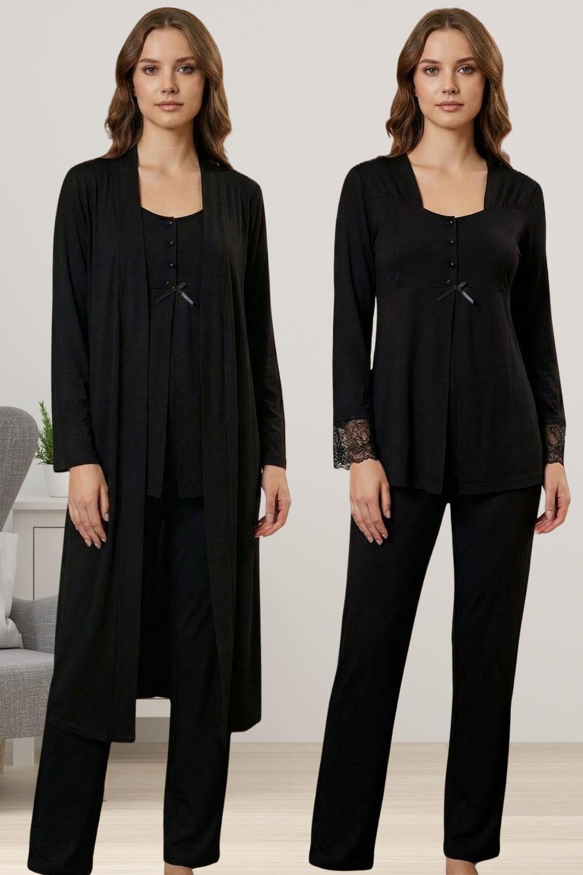 Effortt 9048 Siyah Sabahlıklı Hamile Lohusa Pijama Takımı
