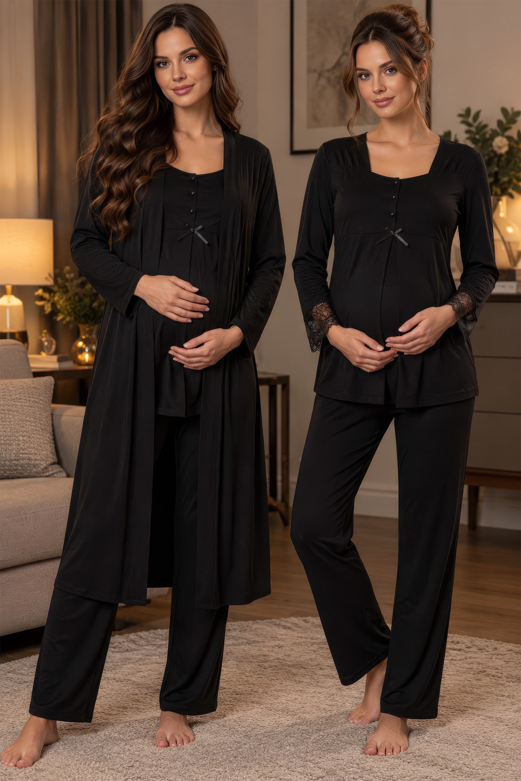 Effortt 9048 Siyah Sabahlıklı Hamile Lohusa Pijama Takımı
