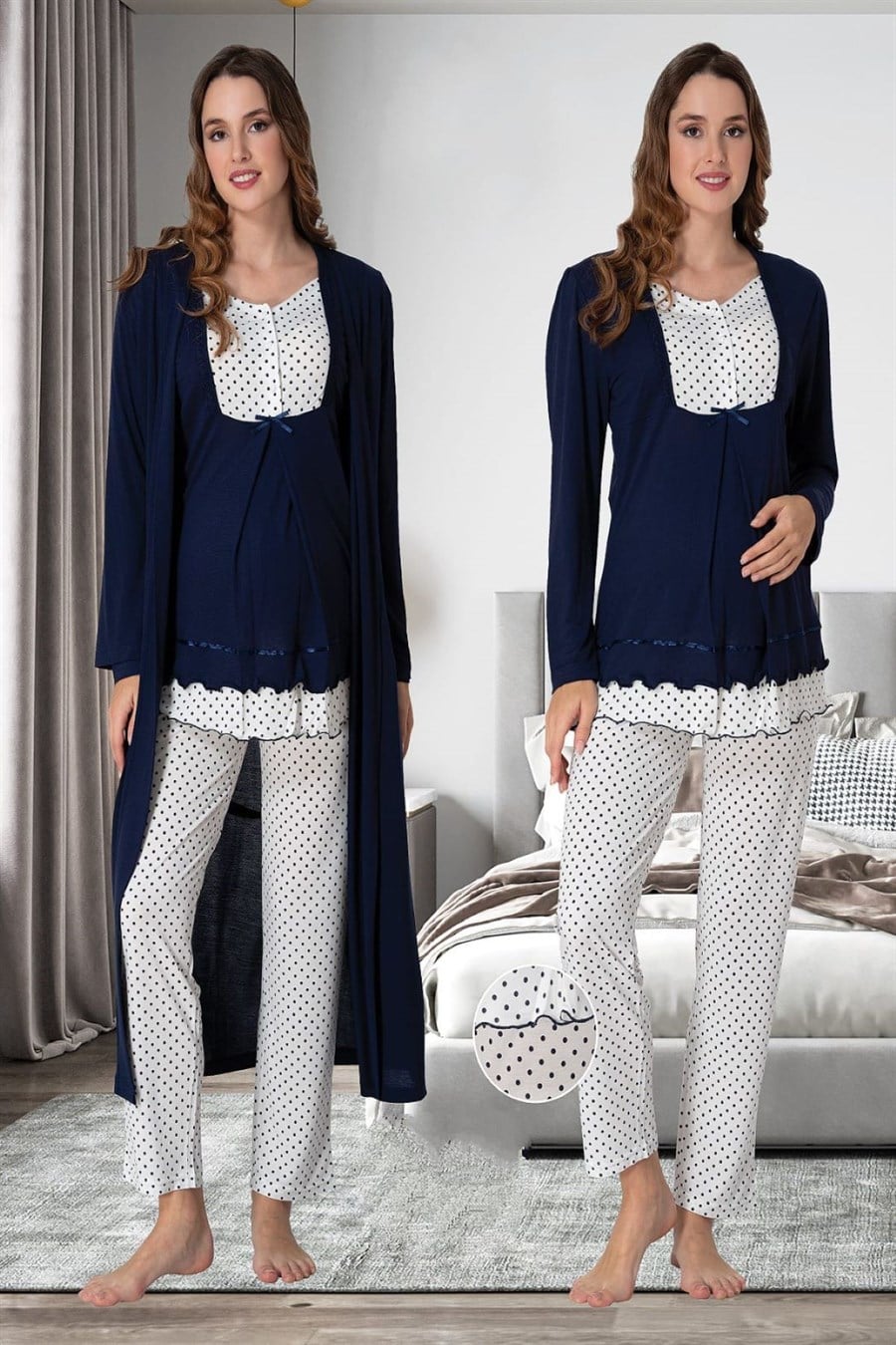 Effortt 9054 Lacivert Sabahlıklı Hamile Lohusa Pijama Takımı