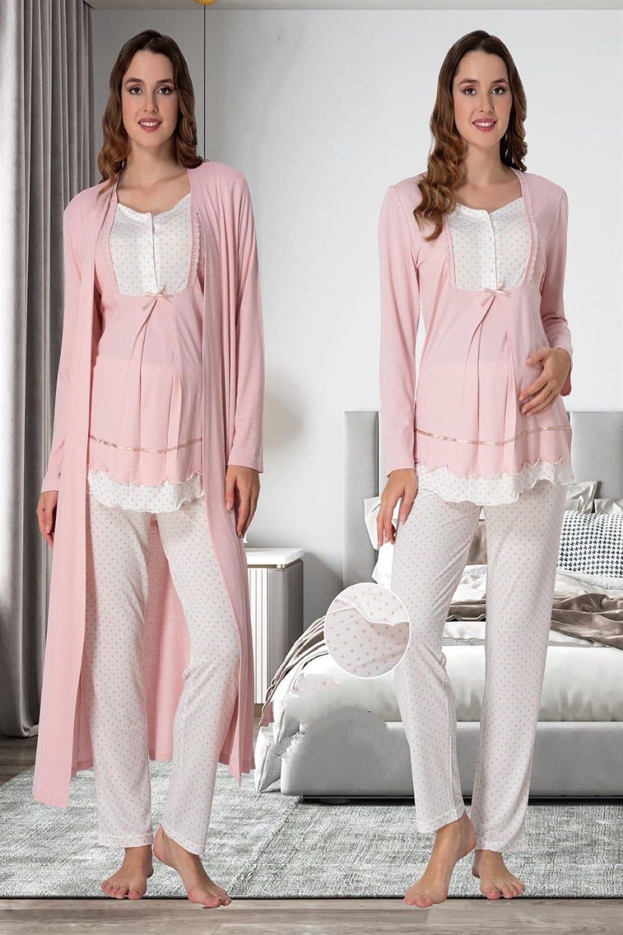 Effortt 9054 Pembe Sabahlıklı Hamile Lohusa Pijama Takımı