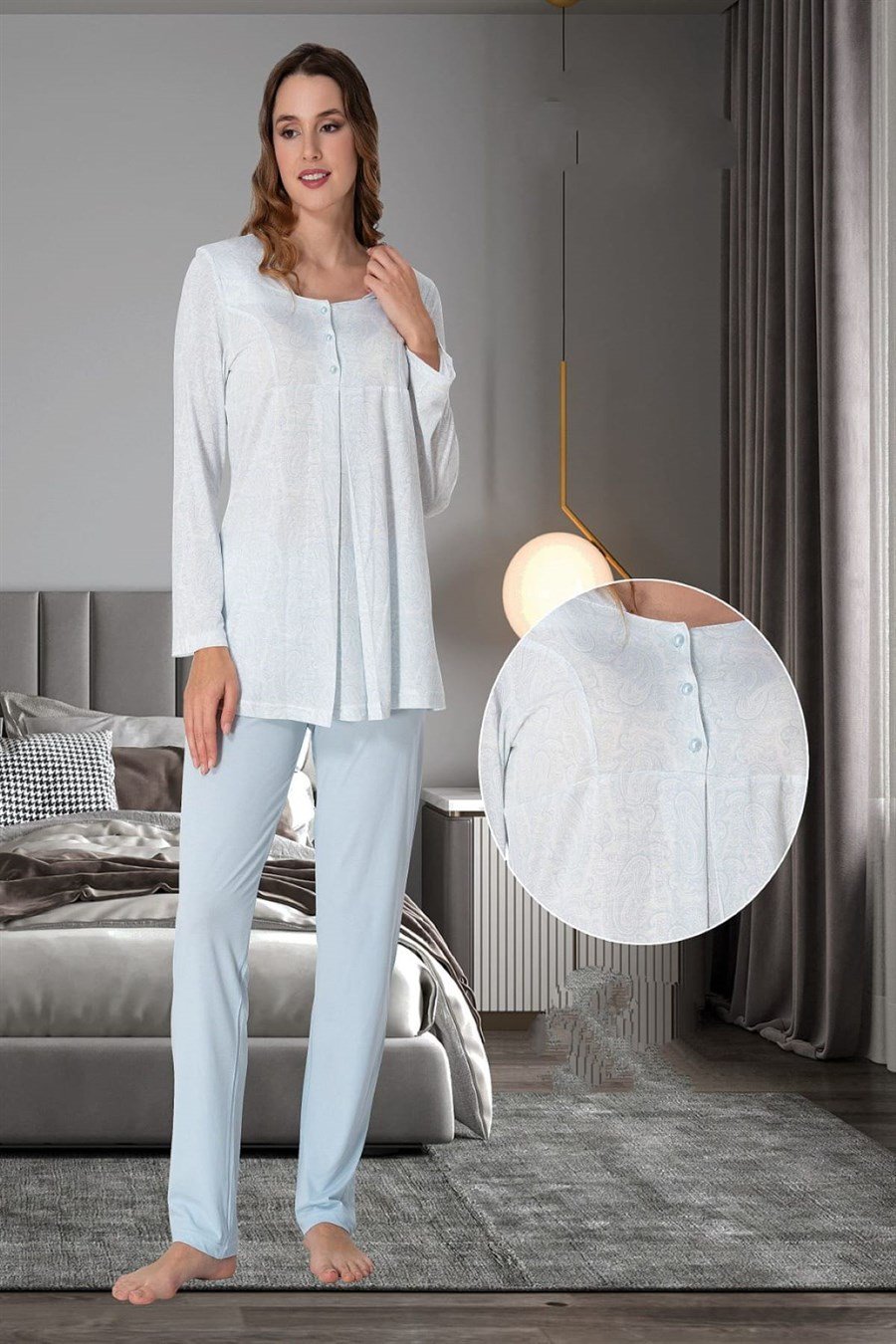 Effortt 9072 Mavi Hamile Lohusa Pijama Takımı