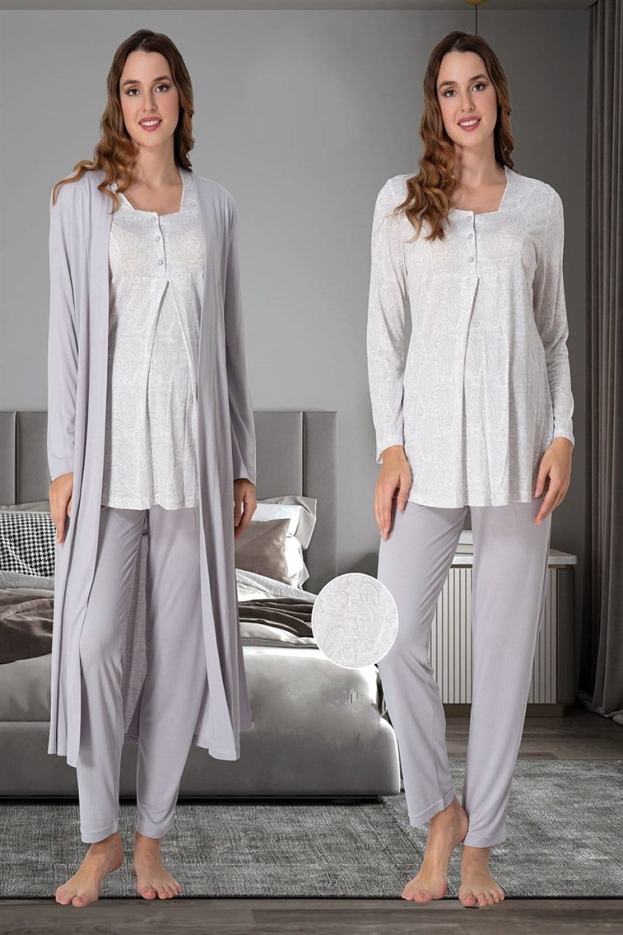Effortt 9074 Gri Sabahlıklı Hamile Lohusa Pijama Takımı