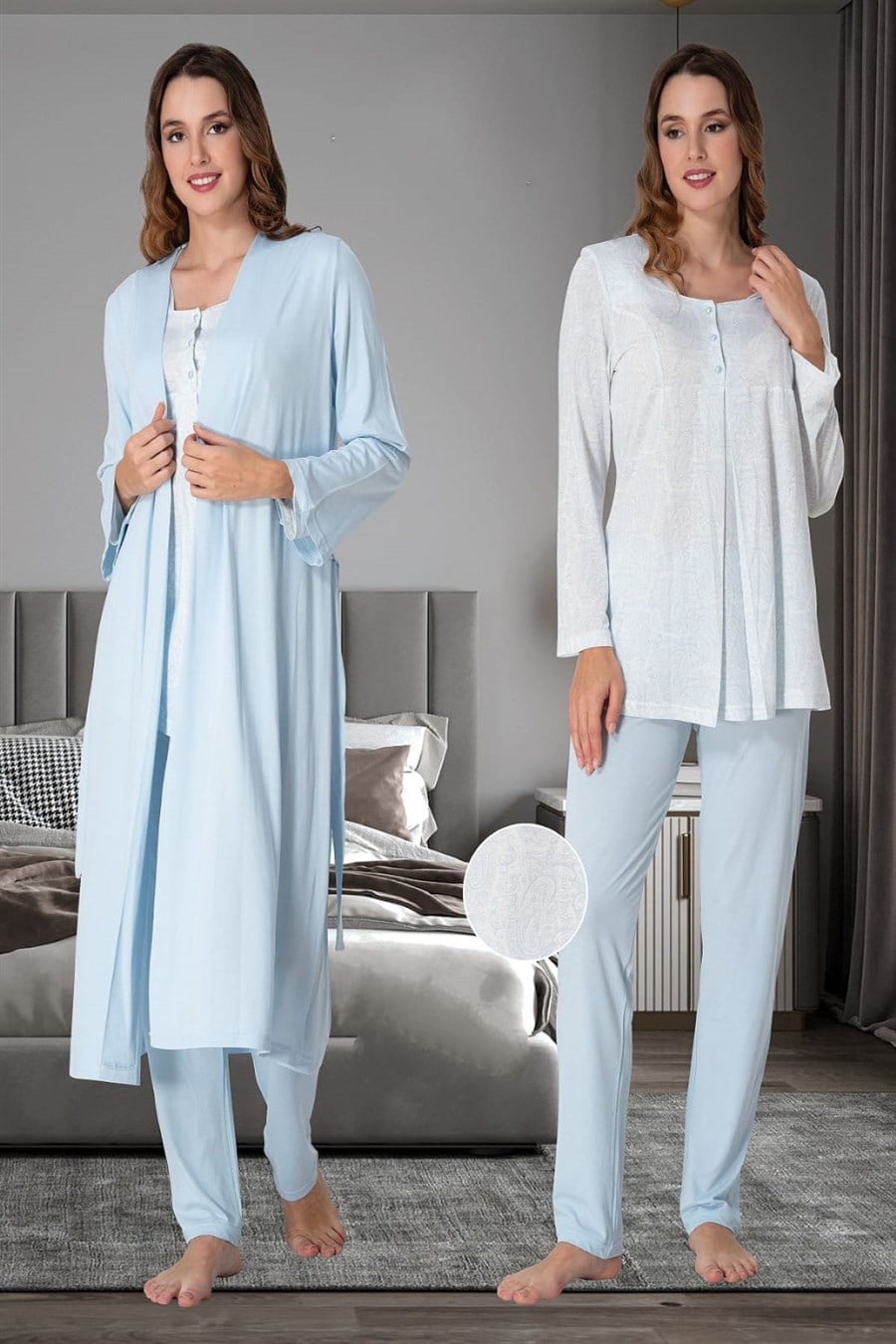 Effortt 9074 Mavi Sabahlıklı Hamile Lohusa Pijama Takımı