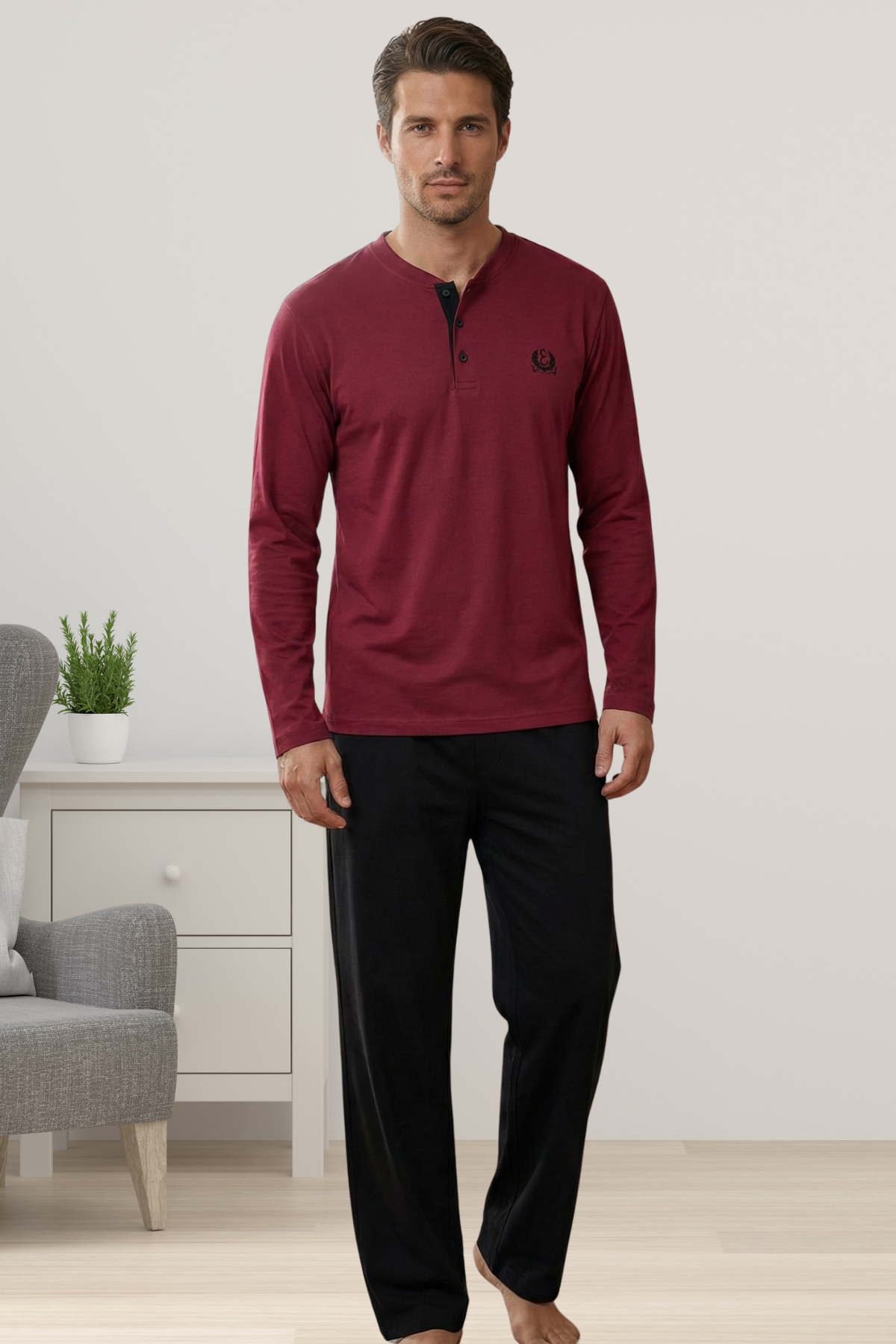 Effortt 920 Bordo %100 Pamuklu Kumaş Erkek Pijama Takımı