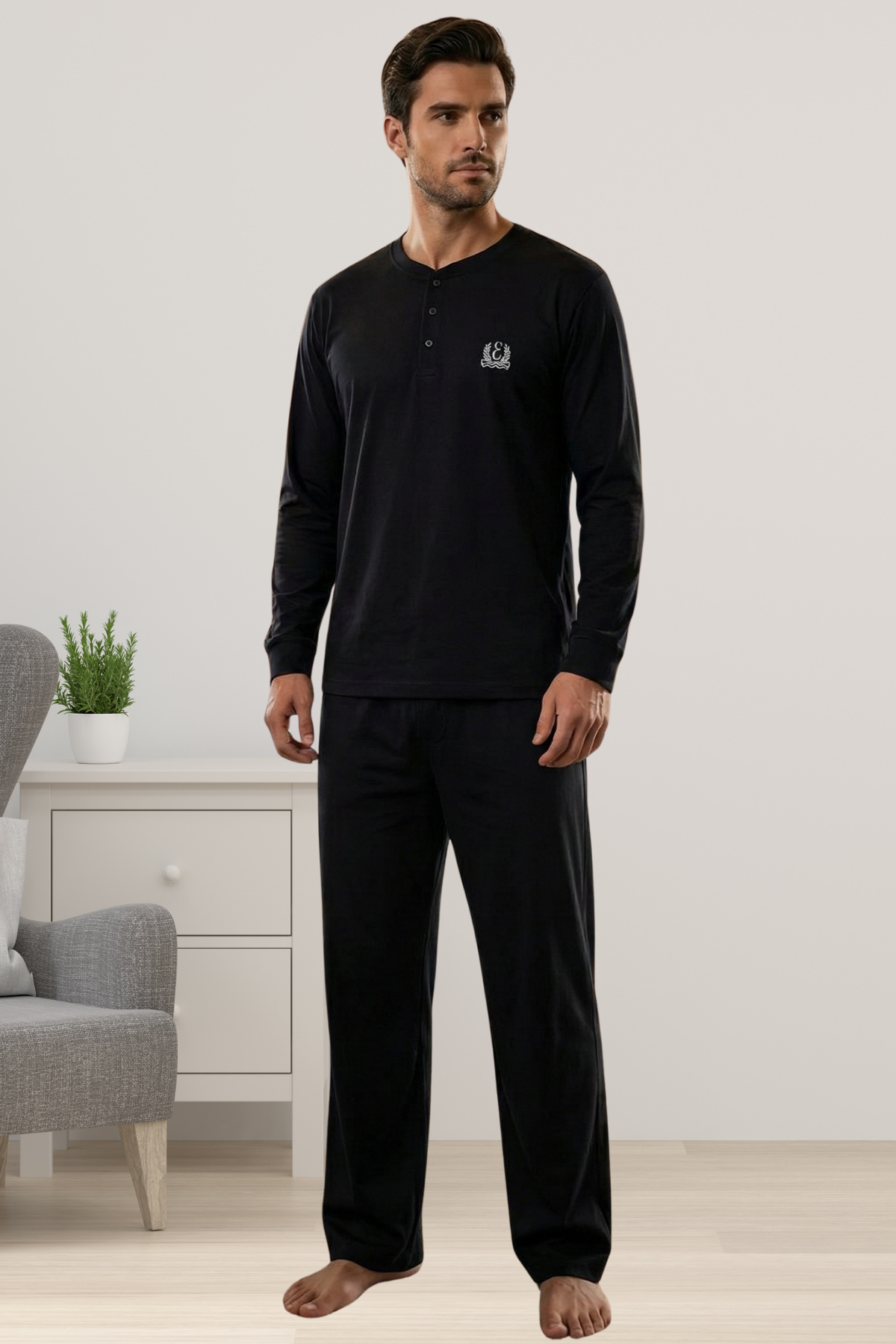 Effortt 920 Siyah %100 Pamuklu Kumaş Erkek Pijama Takımı