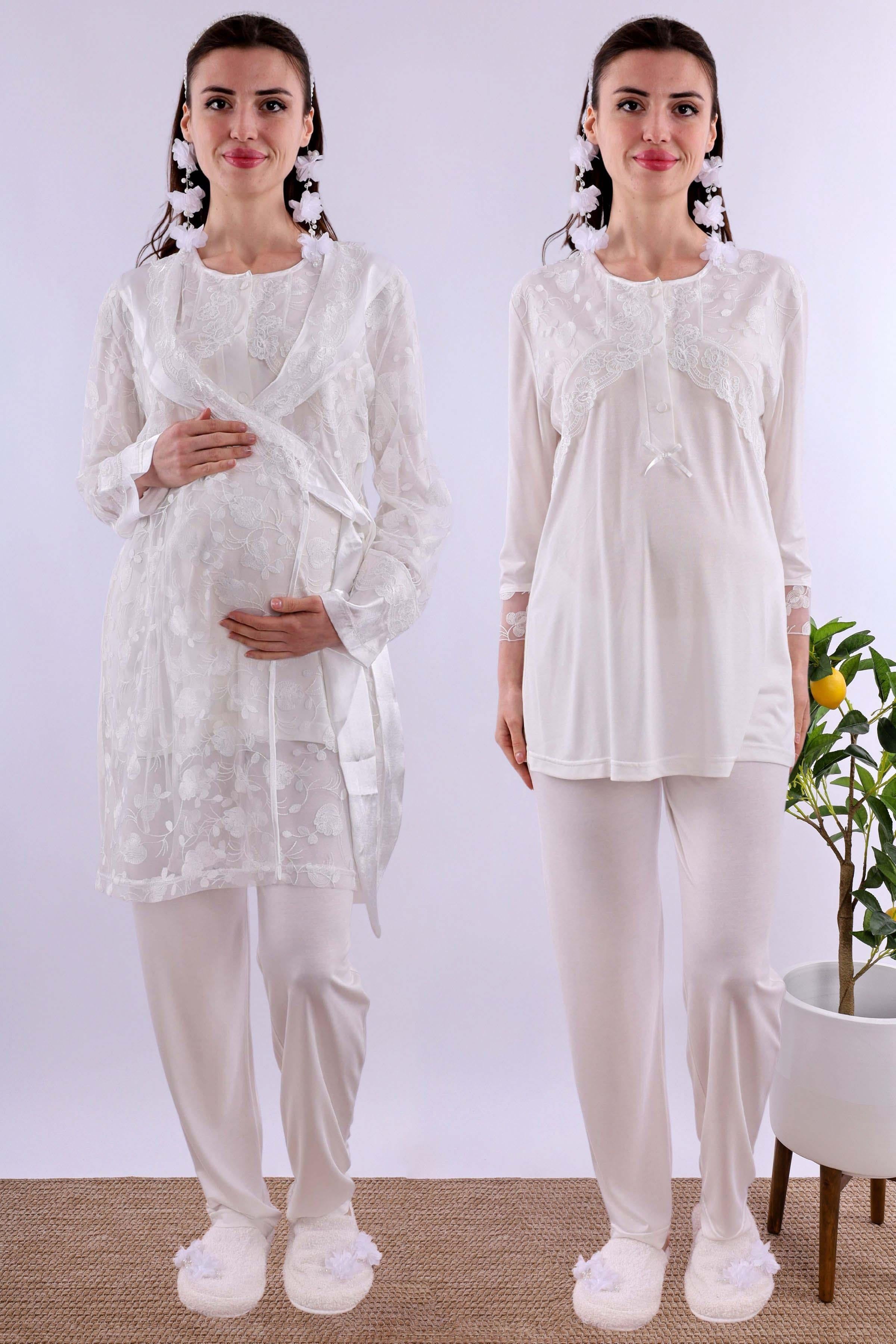 Effortt Ekru Dantelli Sabahlık Pijama Takımı BYL211252