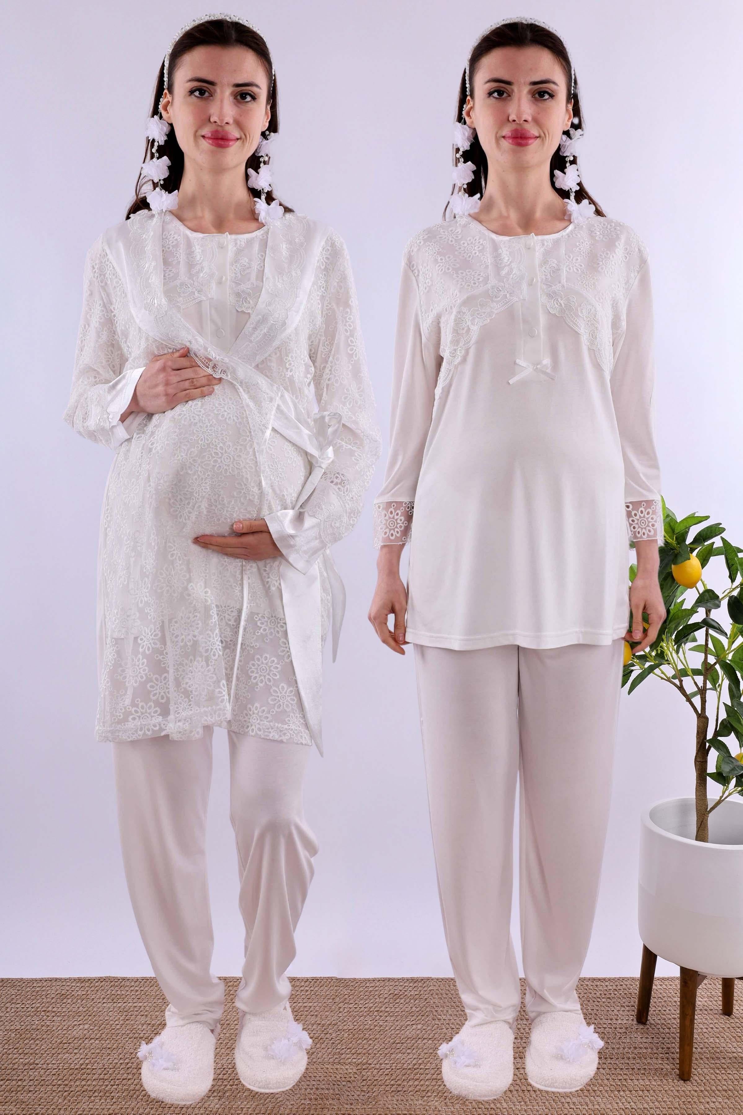 Effortt Ekru Dantelli Sabahlık Pijama Takımı BYL211302