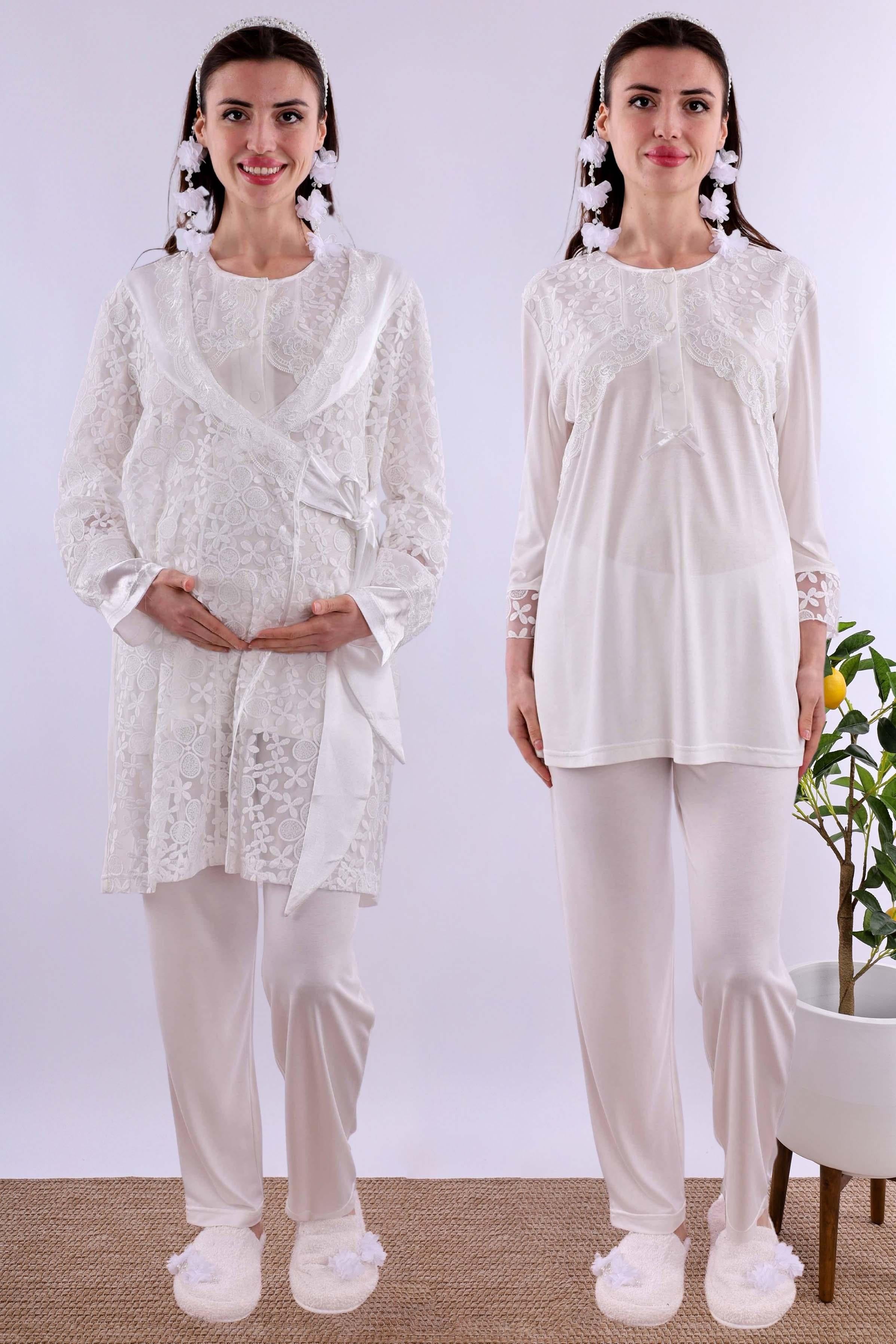 Effortt Ekru Dantelli Sabahlık Pijama Takımı BYL211202