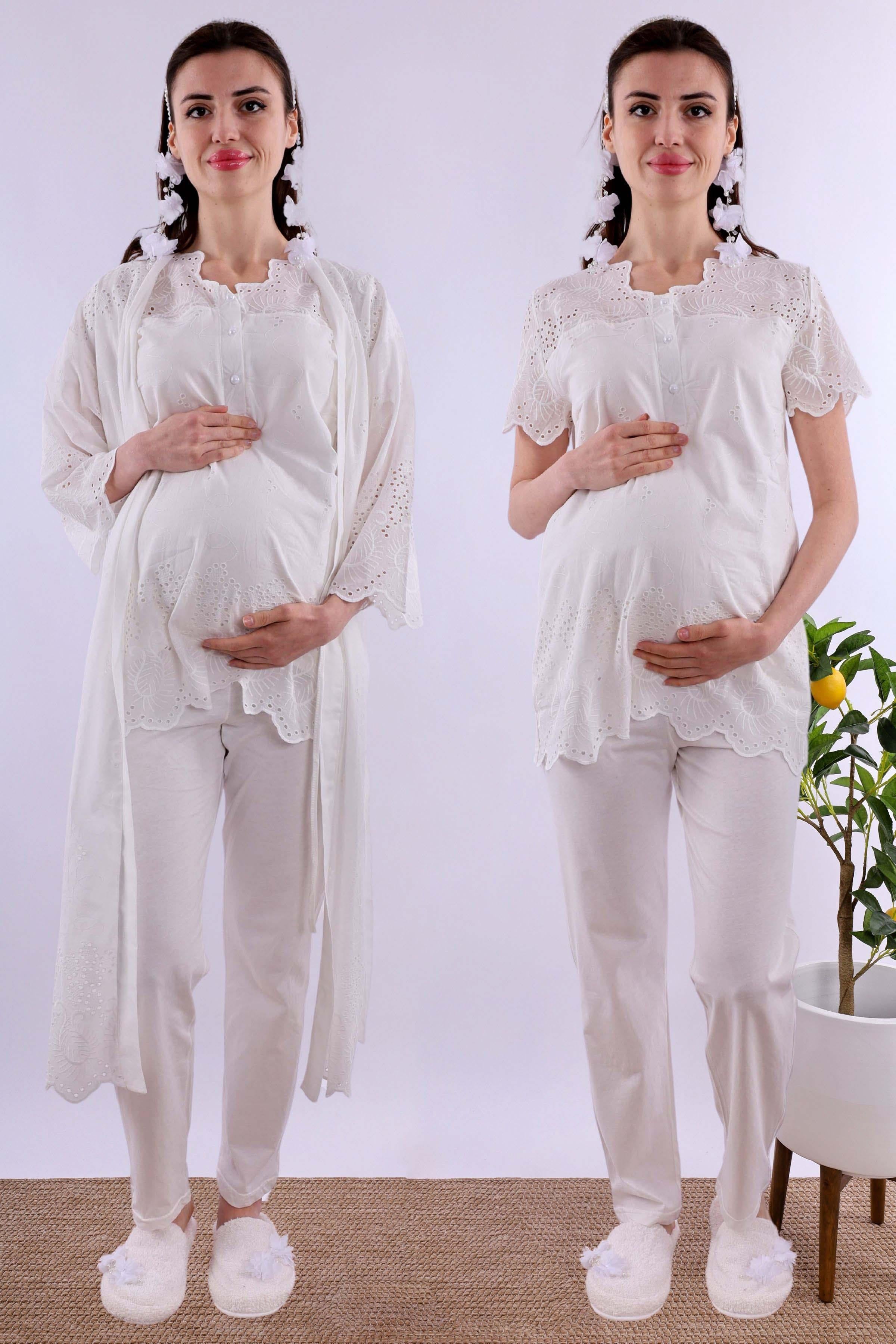 Effortt Ekru Fistolu Sabahlıklı Hamile Lohusa Pijama Takımı BYL290242