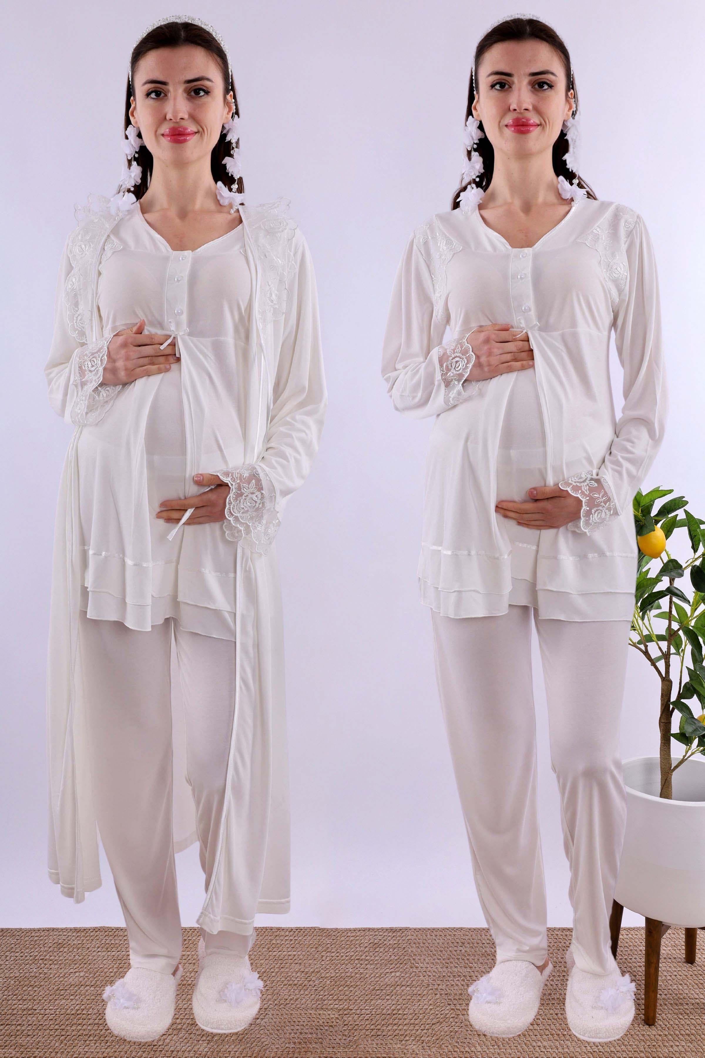Effortt Ekru Sabahlıklı Hamile Lohusa Pijama Takımı BYL224242