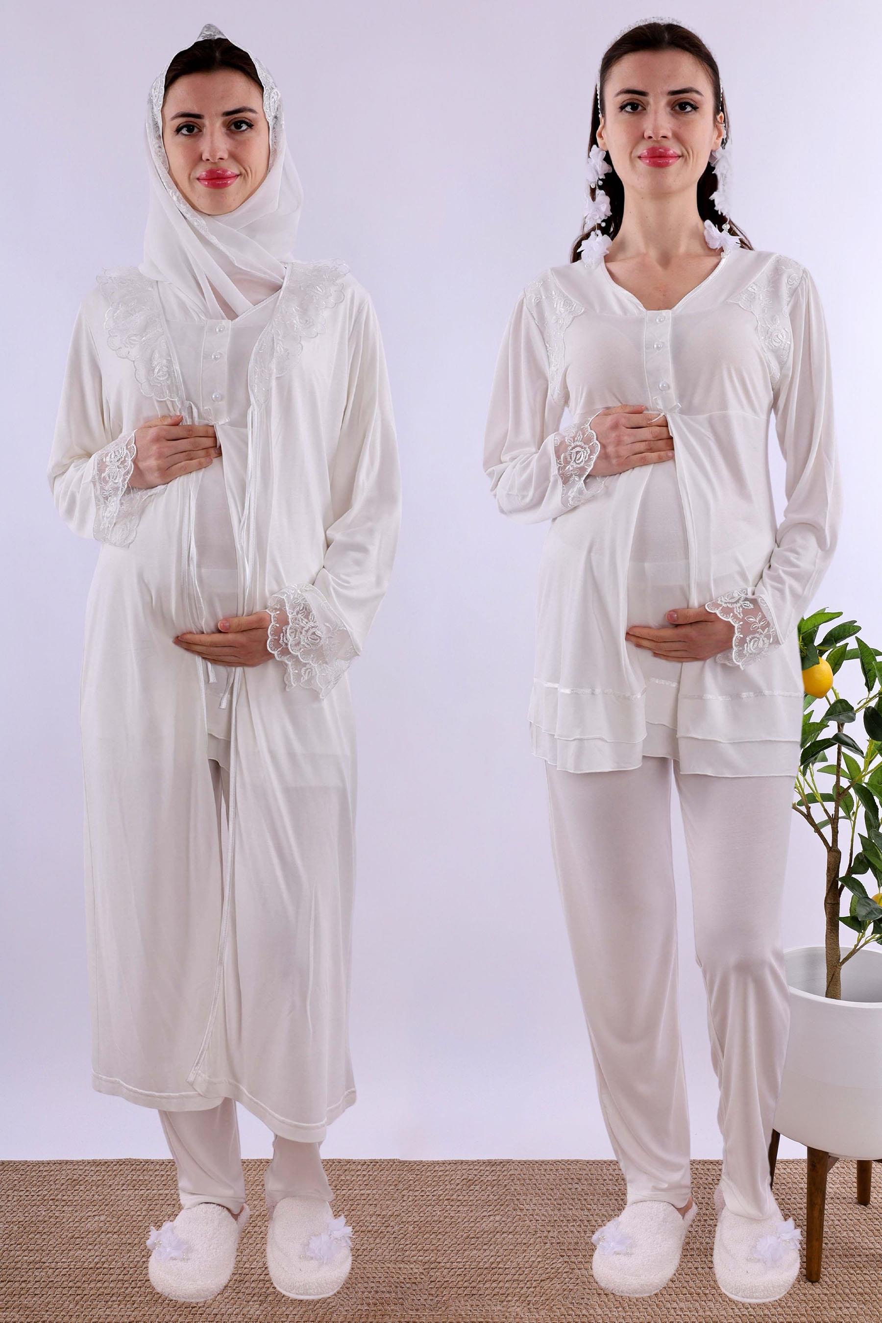 Effortt Ekru Tesettürlü Sabahlıklı Hamile Lohusa Pijama Takımı BYL2T24242