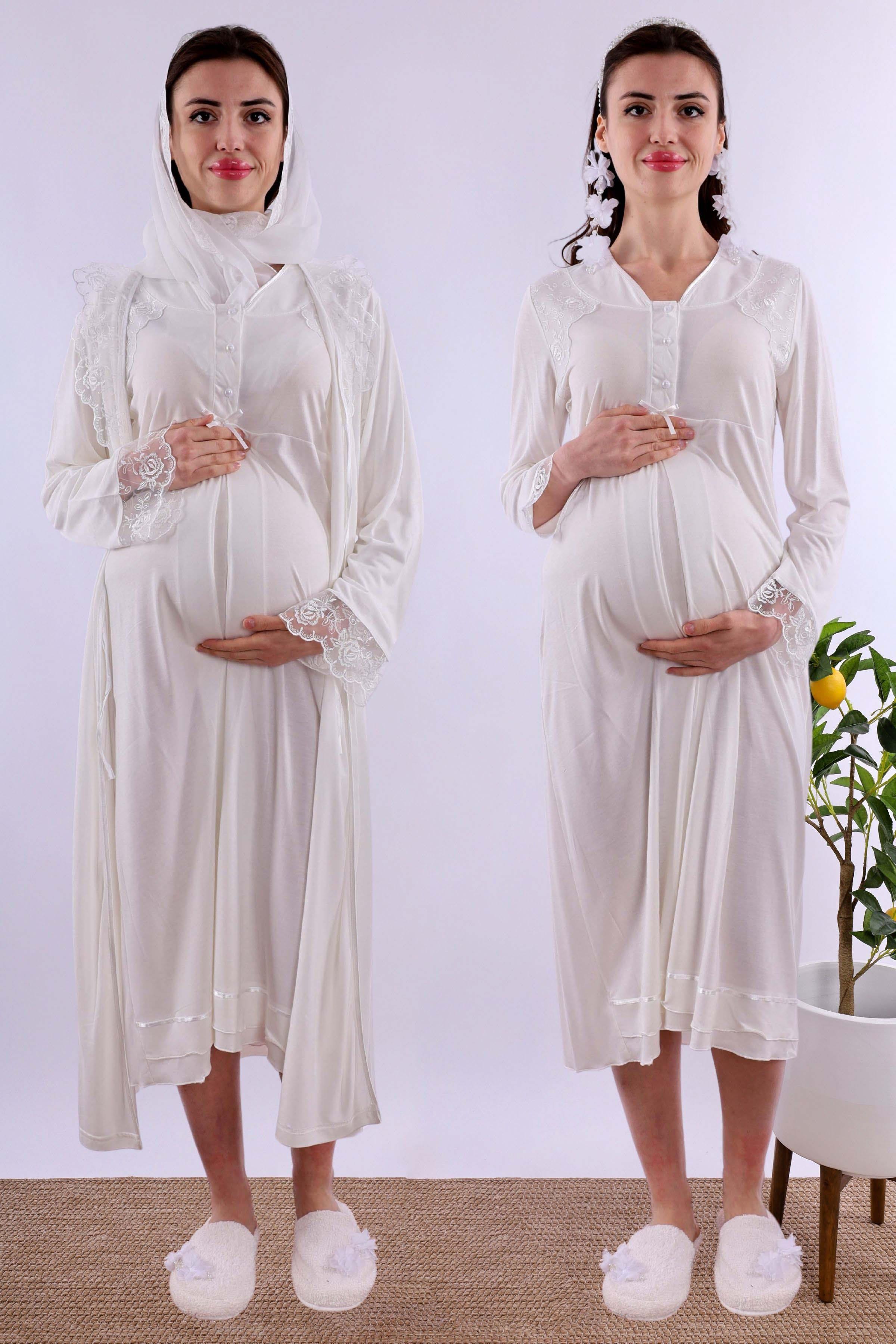 Effortt Ekru Tesettürlü Sabahlıklı Hamile Lohusa Gecelik Takım BYL2T24252