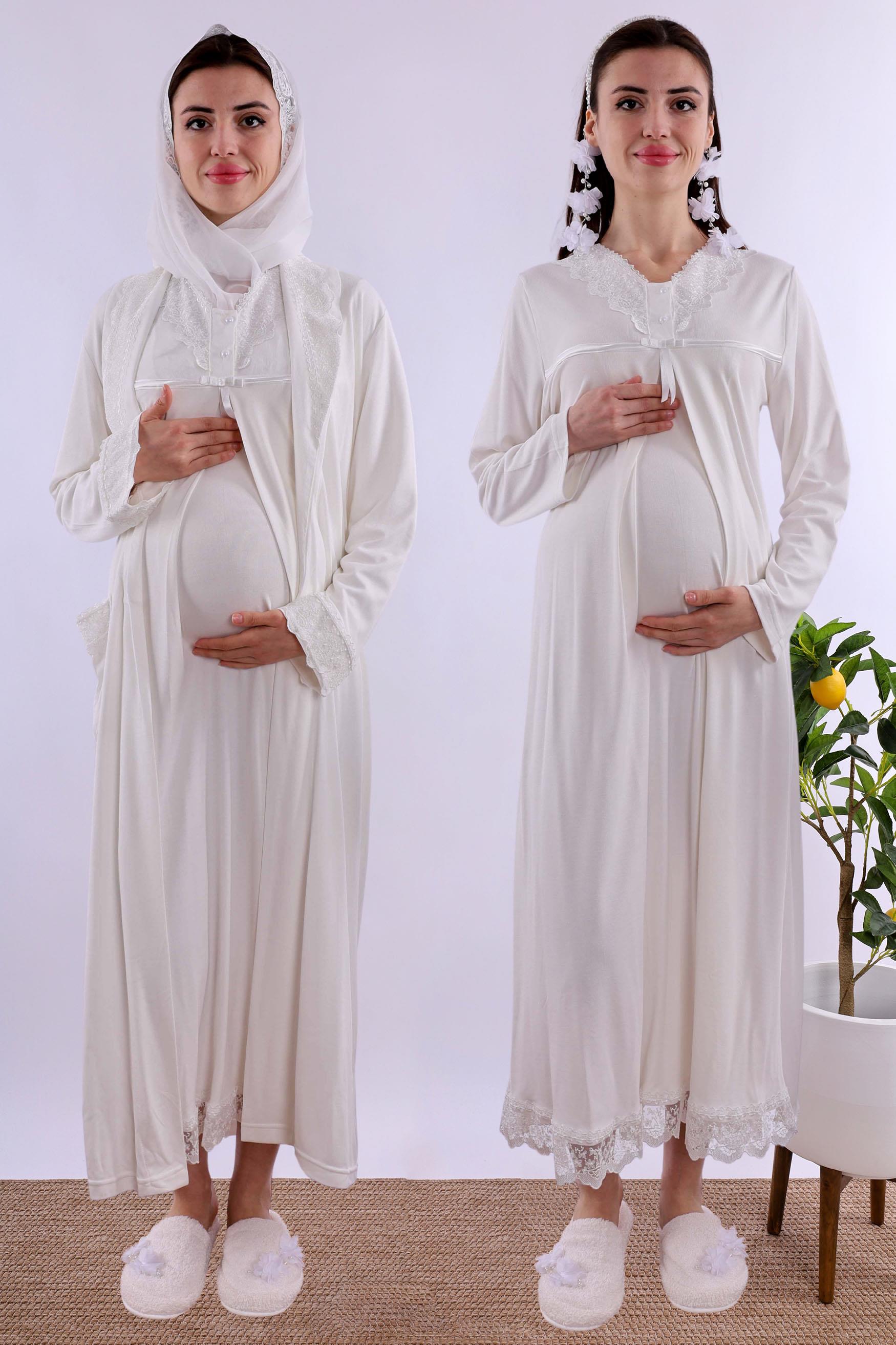 Effortt Ekru Tesettürlü Sabahlıklı Hamile Lohusa Gecelik Takım BYL2T40352