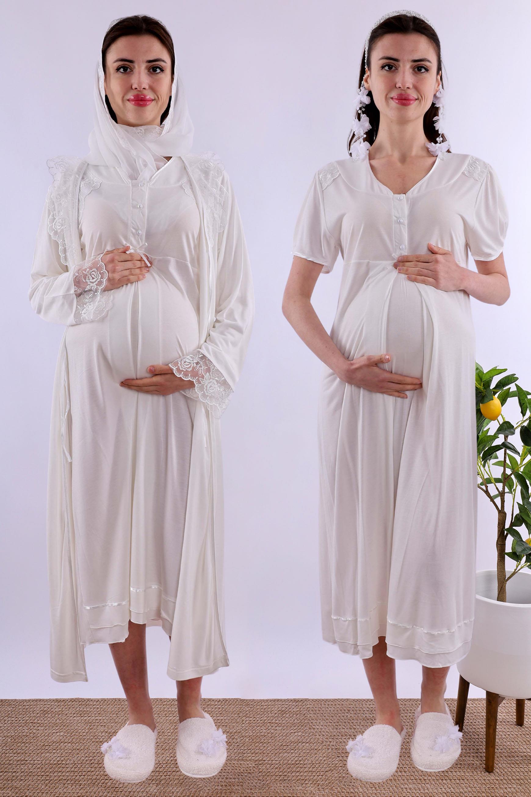 Effortt Ekru Tesettürlü Sabahlıklı Hamile Lohusa Gecelik Takım BYL2T80252