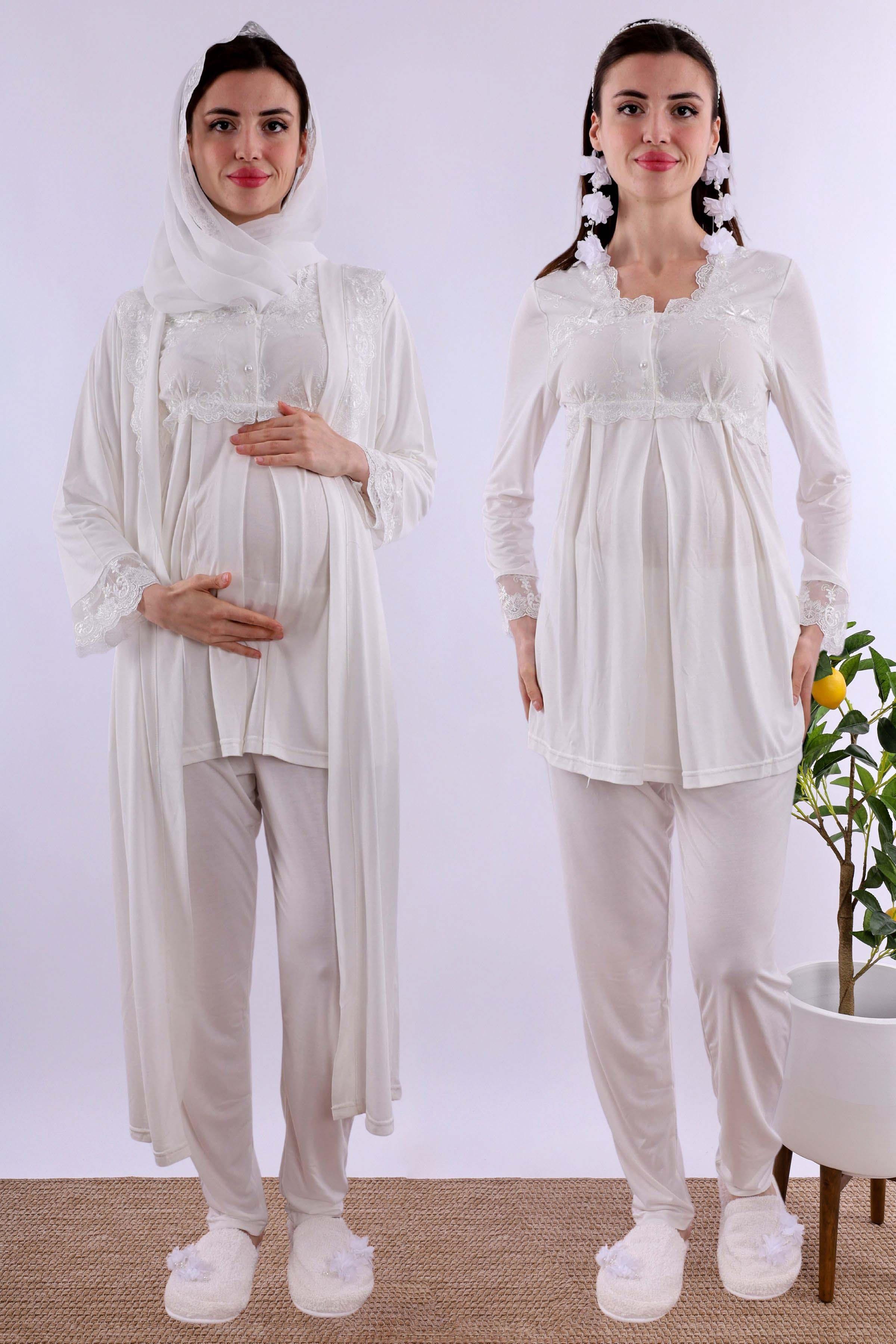 Effortt Ekru Tesettürlü Uzun Sabahlıklı Hamile Lohusa Pijama Takımı BYL2T24072