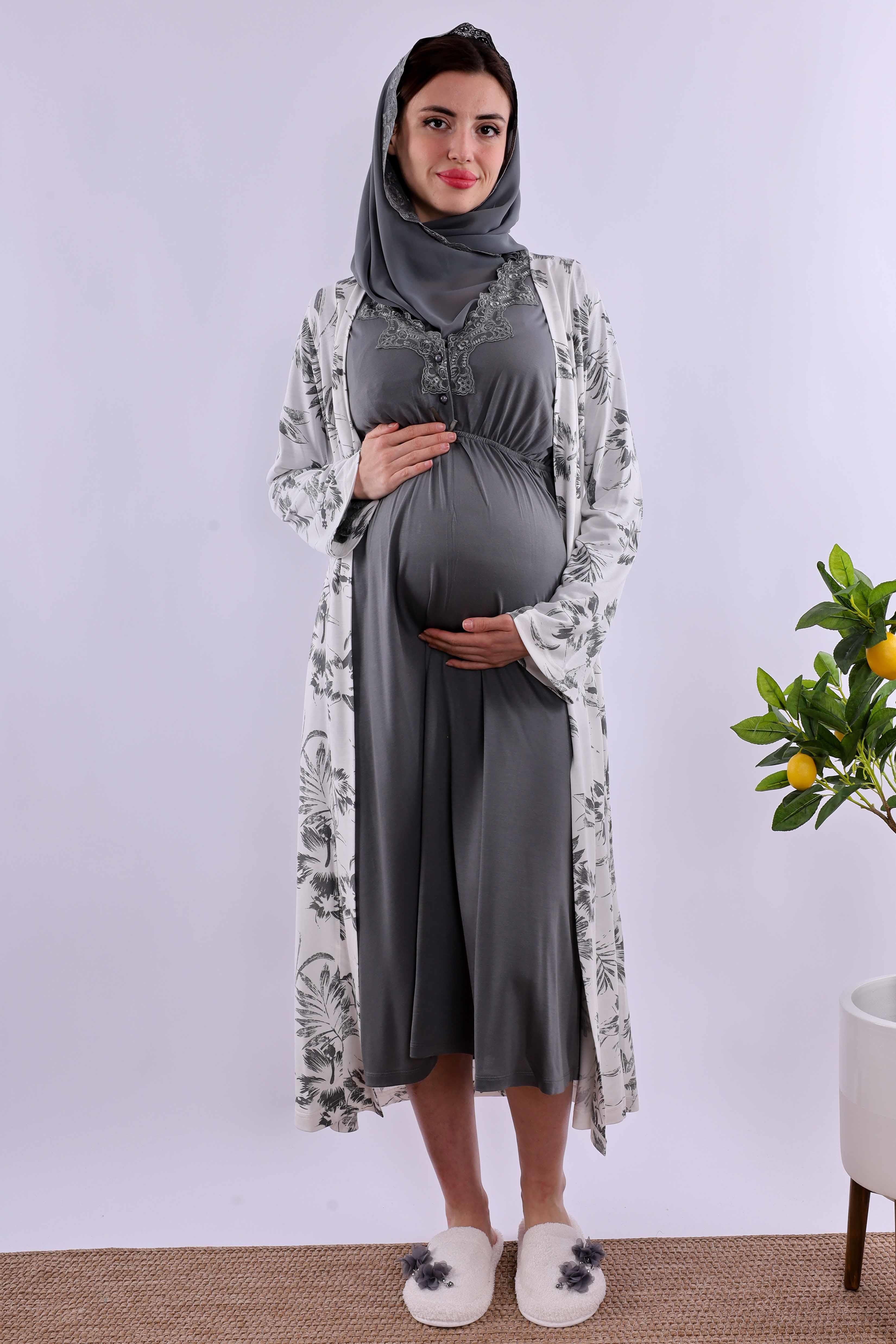 Effortt Füme Tesettürlü Sabahlıklı Hamile Lohusa Gecelik Takım BYL2T80952