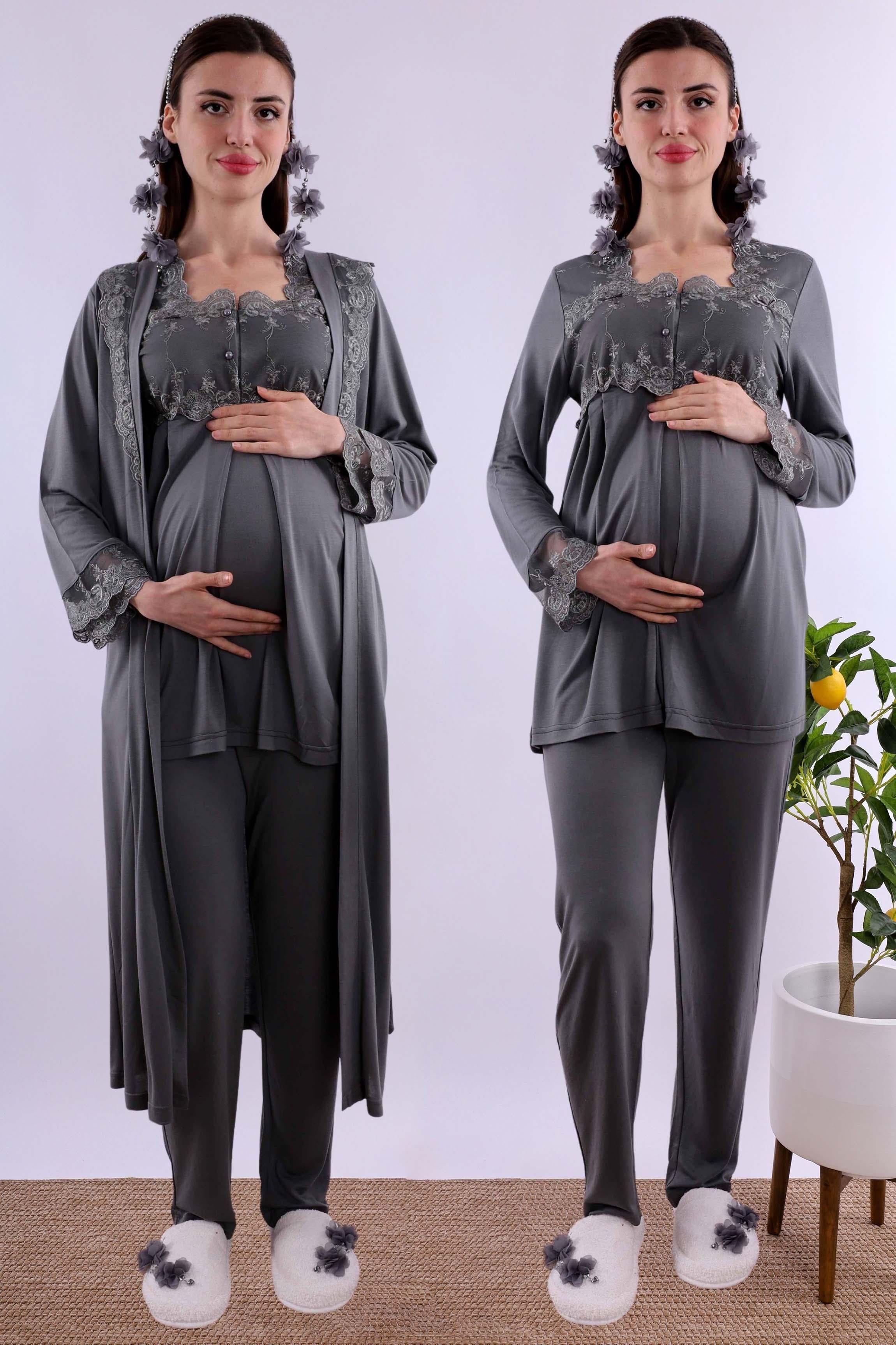 Effortt Füme Uzun Sabahlıklı Hamile Lohusa Pijama Takımı BYL224072