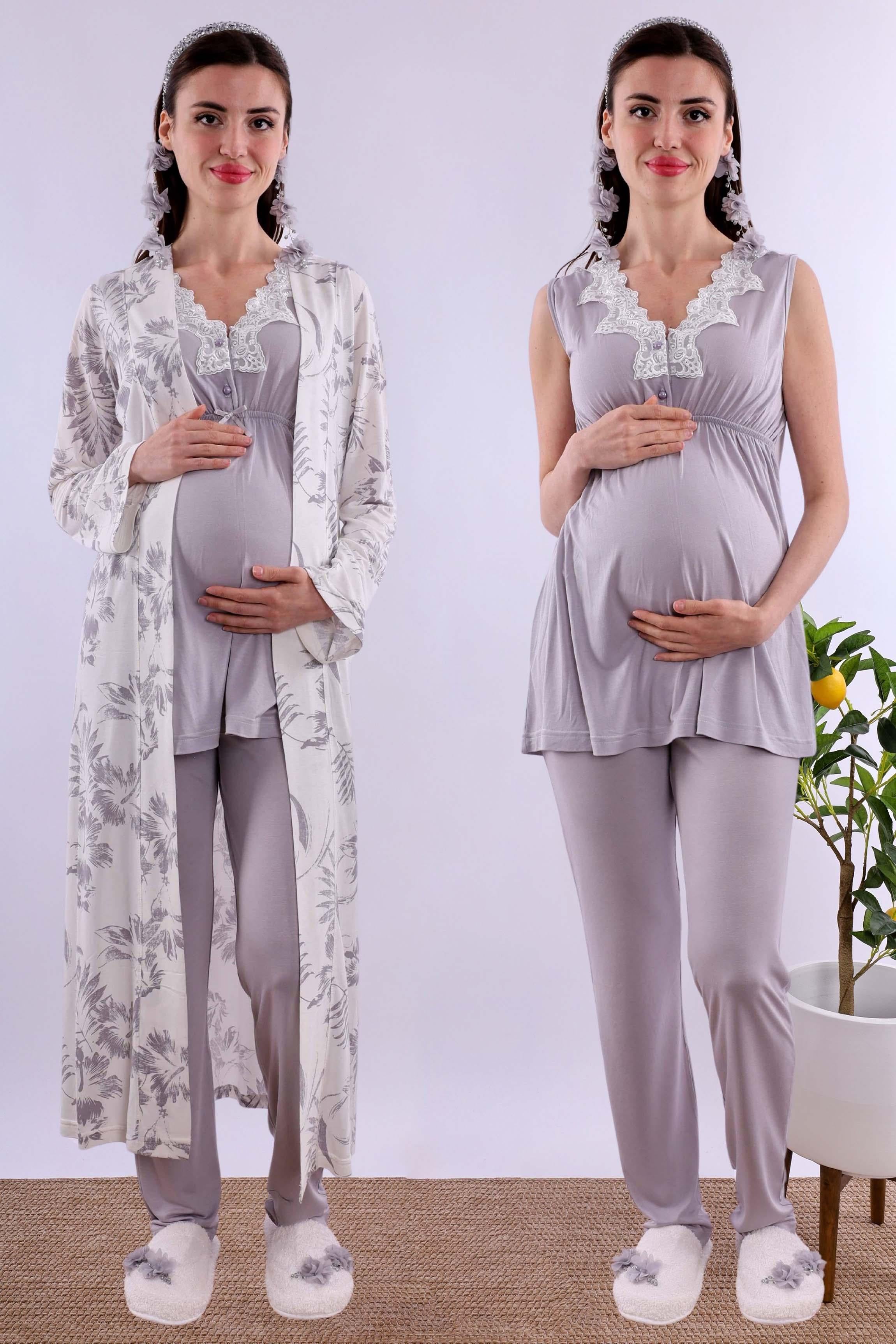 Effortt Gri Sabahlıklı Hamile Lohusa Pijama Takımı BYL280342