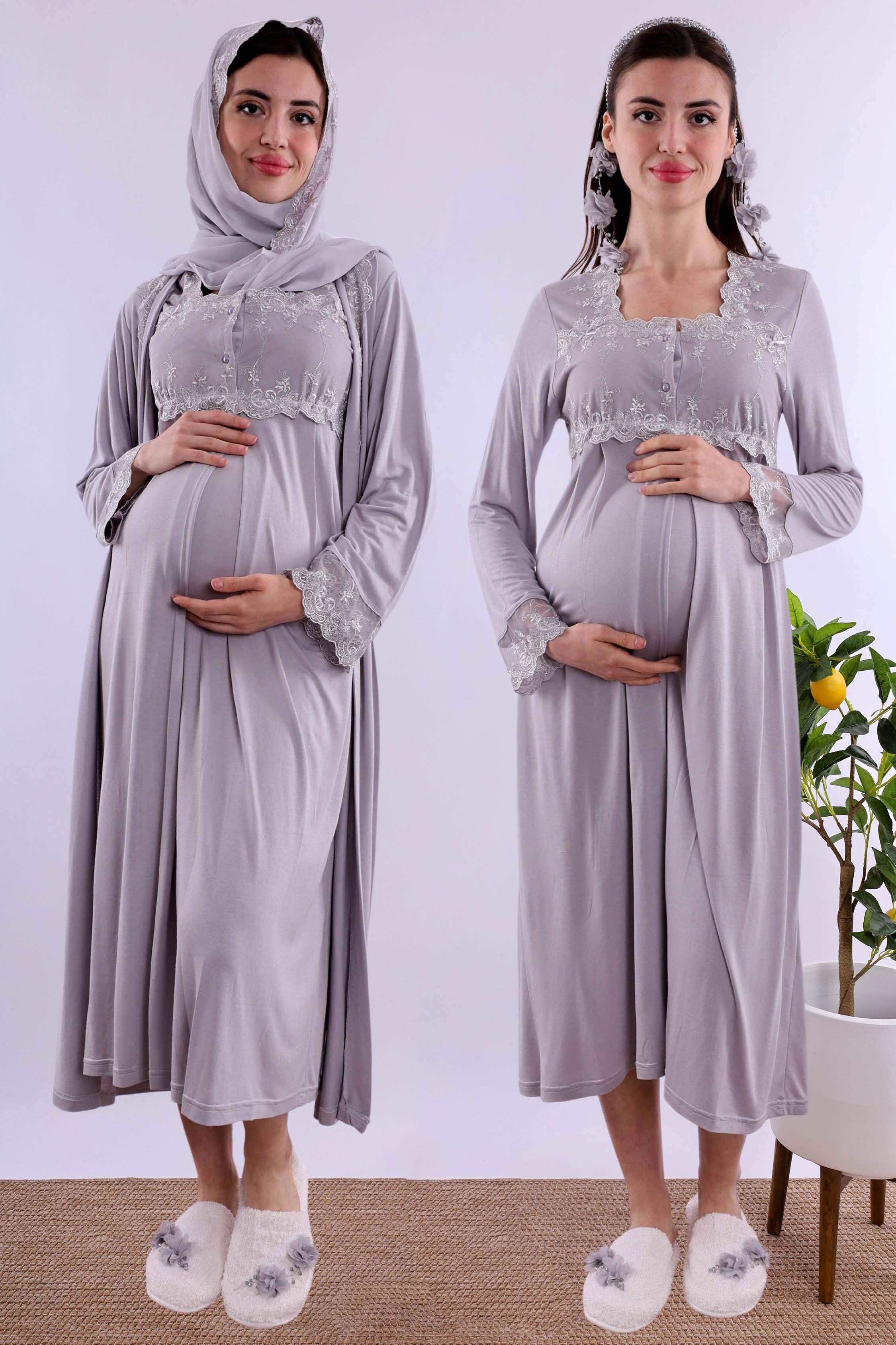 Effortt Gri Tesettürlü Sabahlıklı Hamile Lohusa Gecelik Takım BYL2T24022