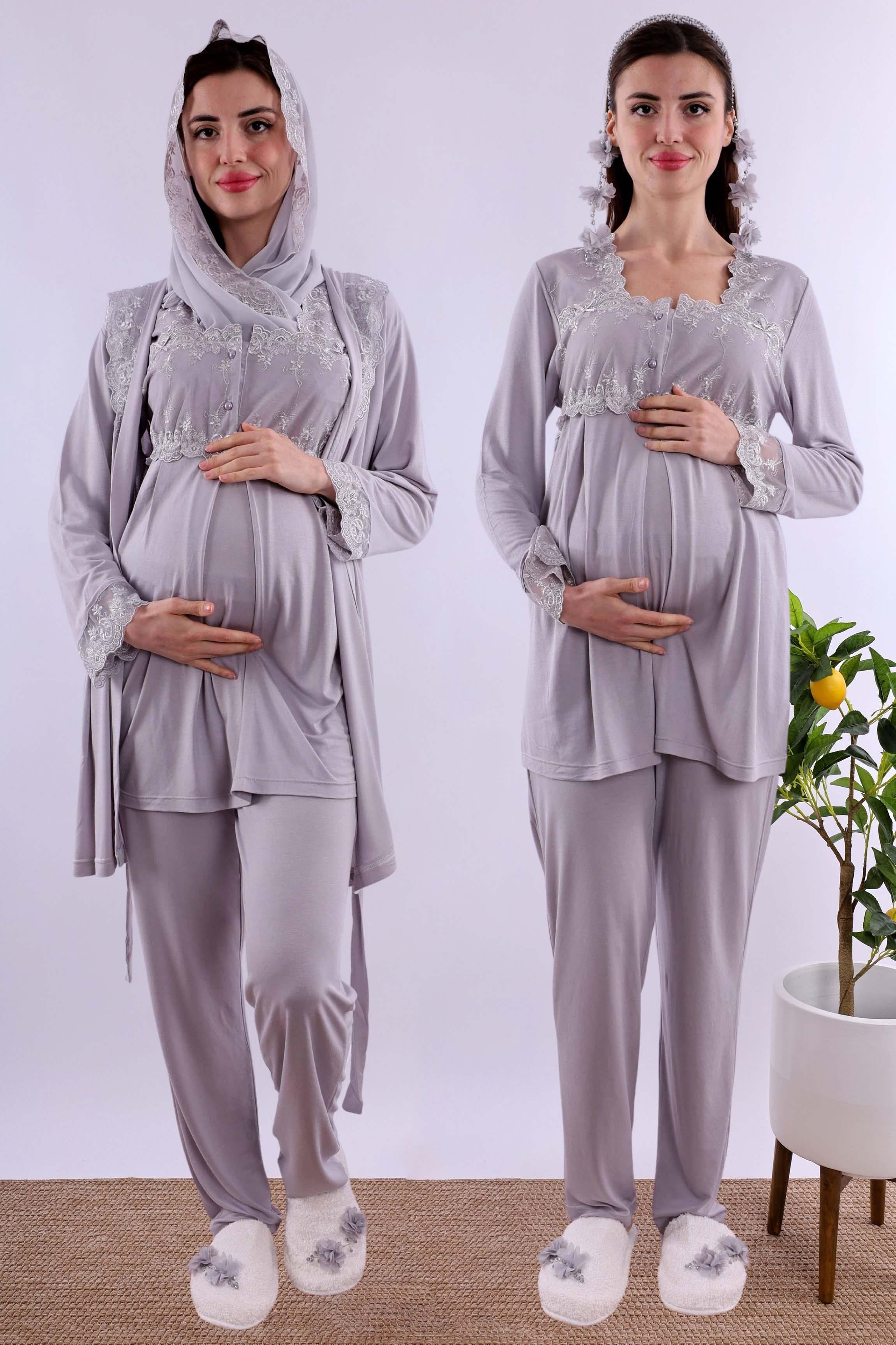 Effortt Gri Tesettürlü Sabahlıklı Hamile Lohusa Pijama Takımı BYL2T24012
