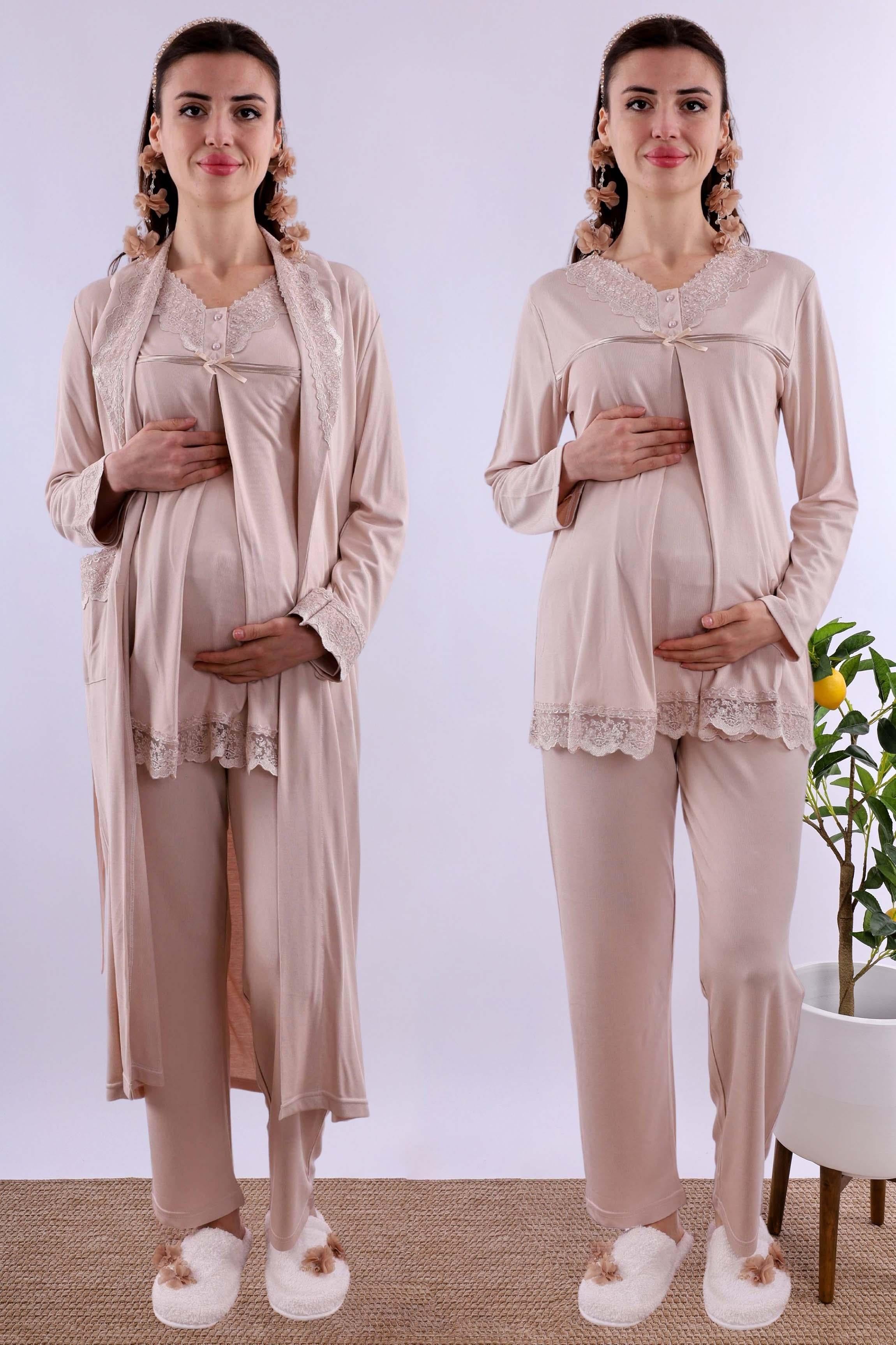 Effortt Kahverengi Sabahlıklı Hamile Lohusa Pijama Takımı BYL240342