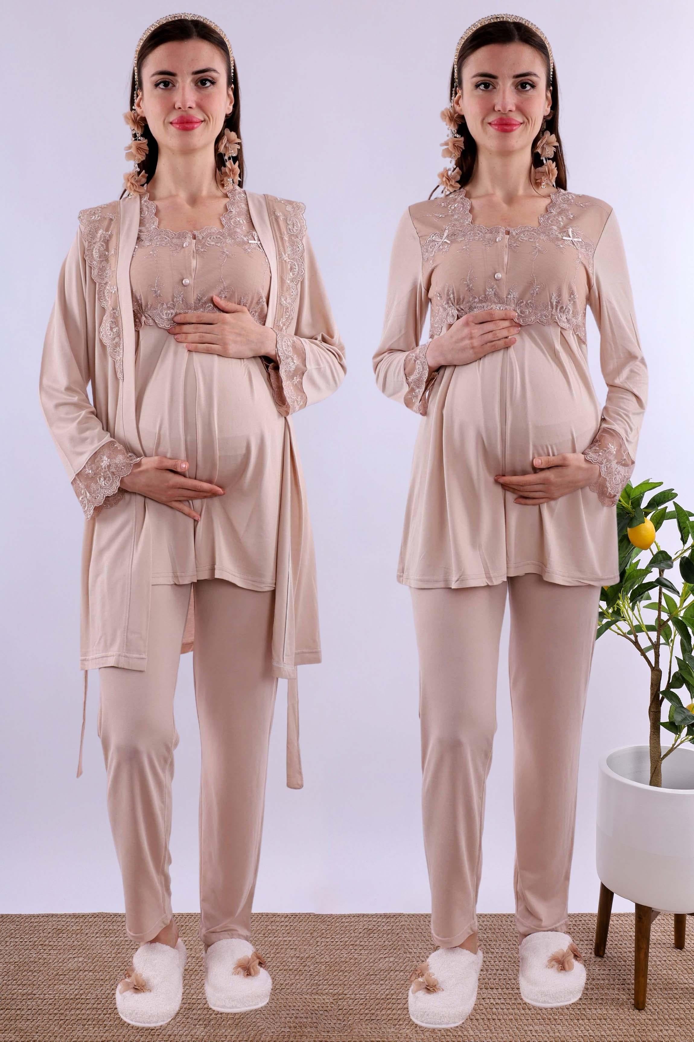 Effortt Kahverengi Sabahlıklı Hamile Lohusa Pijama Takımı BYL224012