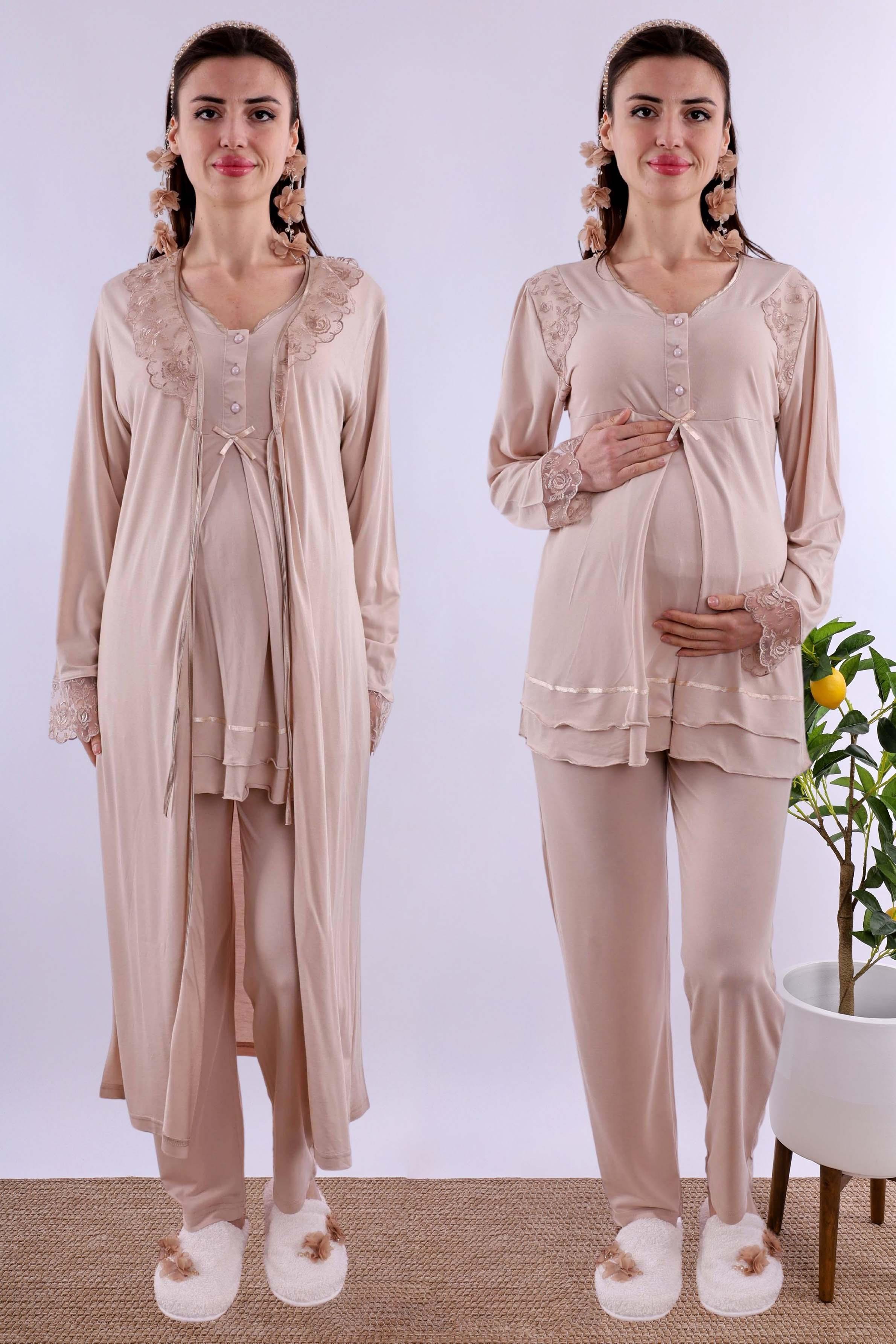 Effortt Kahverengi Sabahlıklı Hamile Lohusa Pijama Takımı BYL224242
