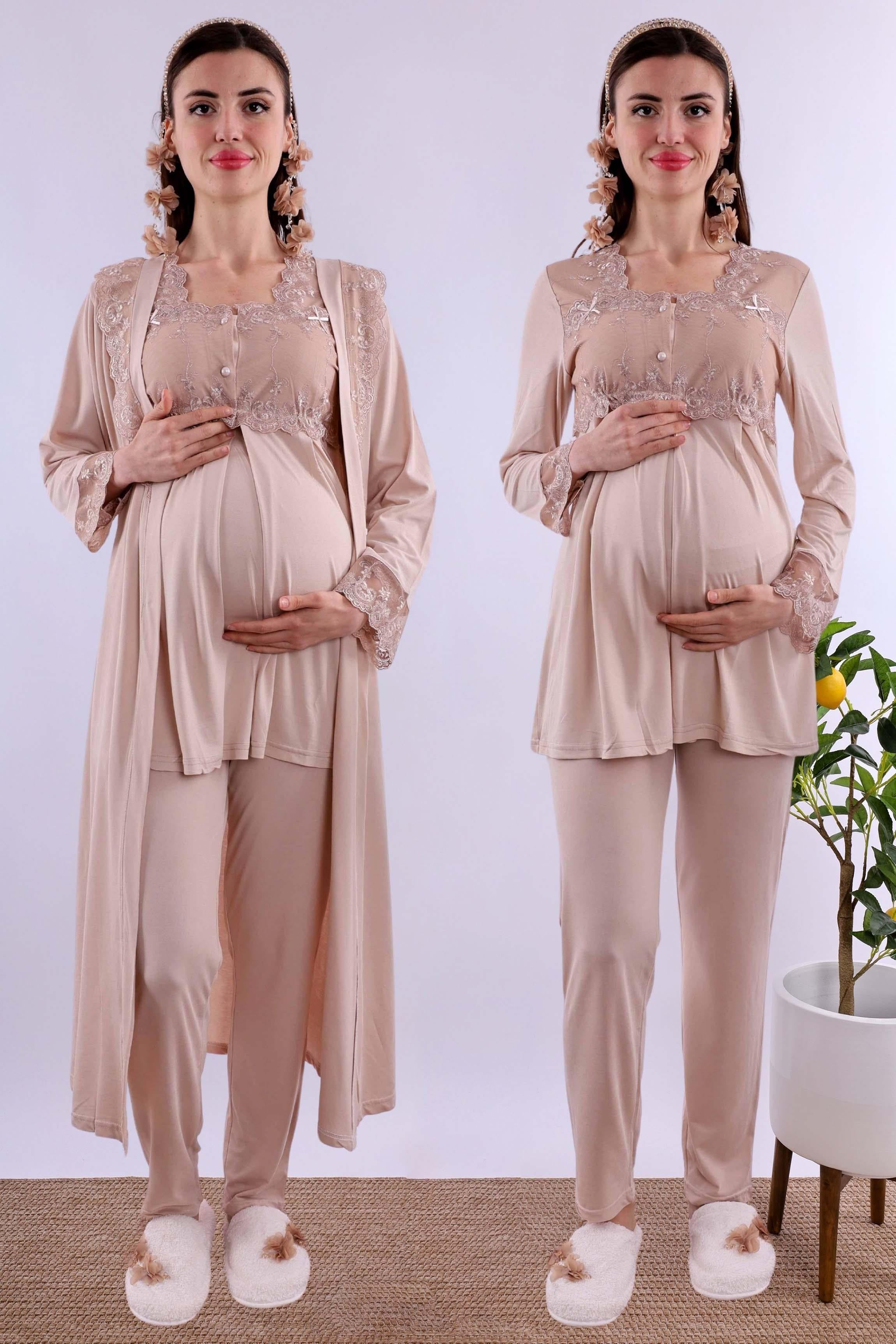 Effortt Kahverengi Uzun Sabahlıklı Hamile Lohusa Pijama Takımı BYL224072