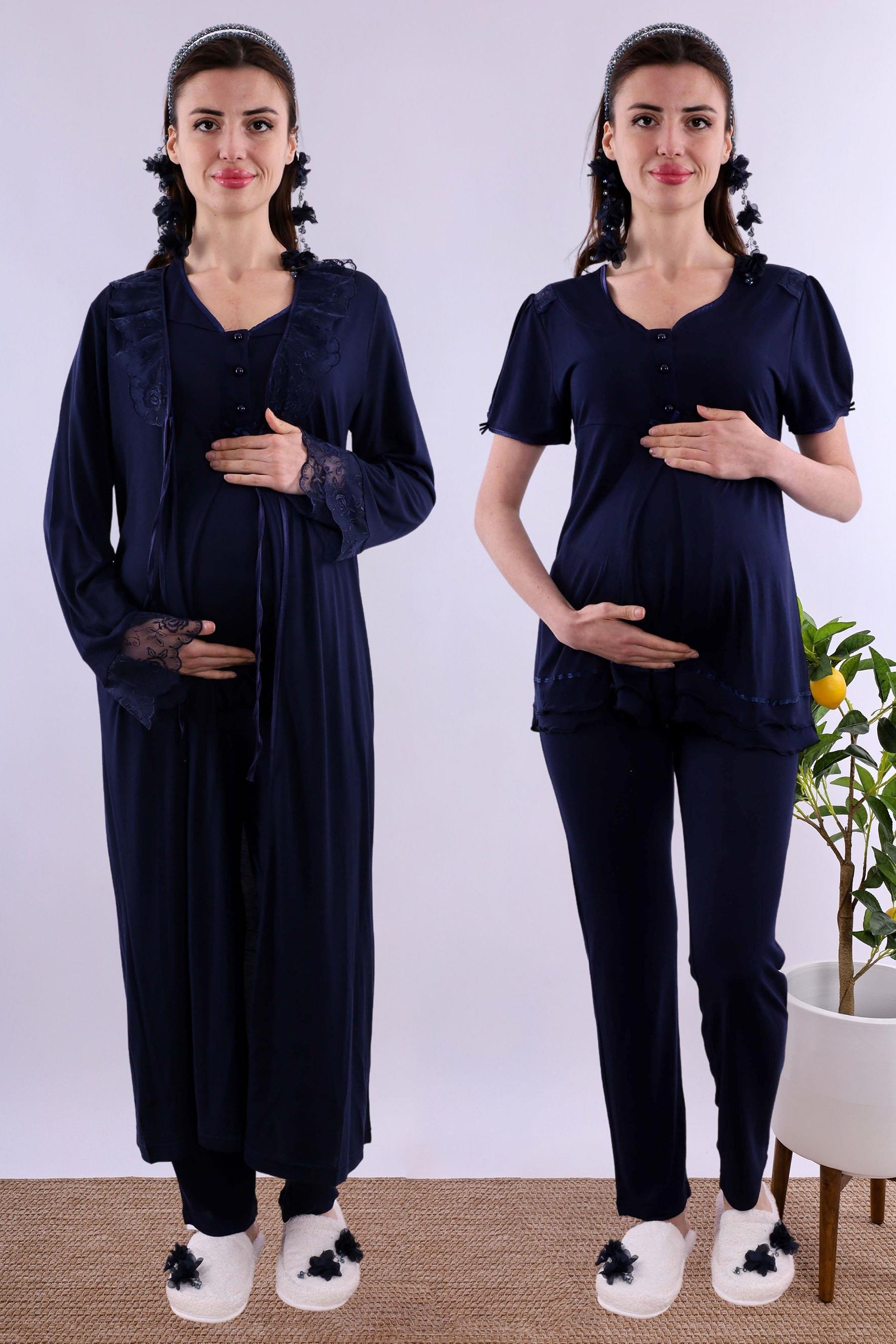 Effortt Lacivert Sabahlıklı Hamile Lohusa Pijama Takımı BYL280242