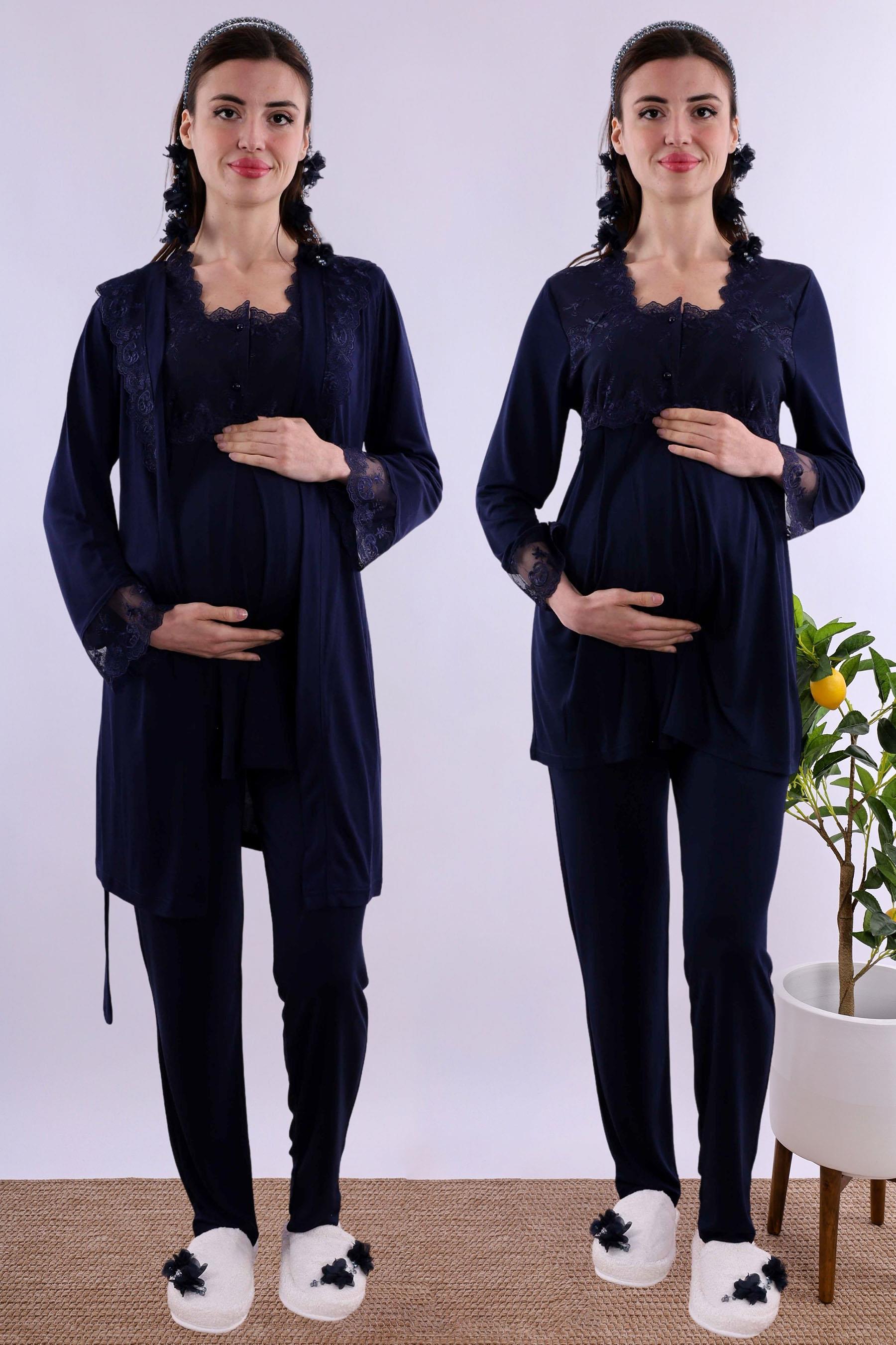 Effortt Lacivert Sabahlıklı Hamile Lohusa Pijama Takımı BYL224012