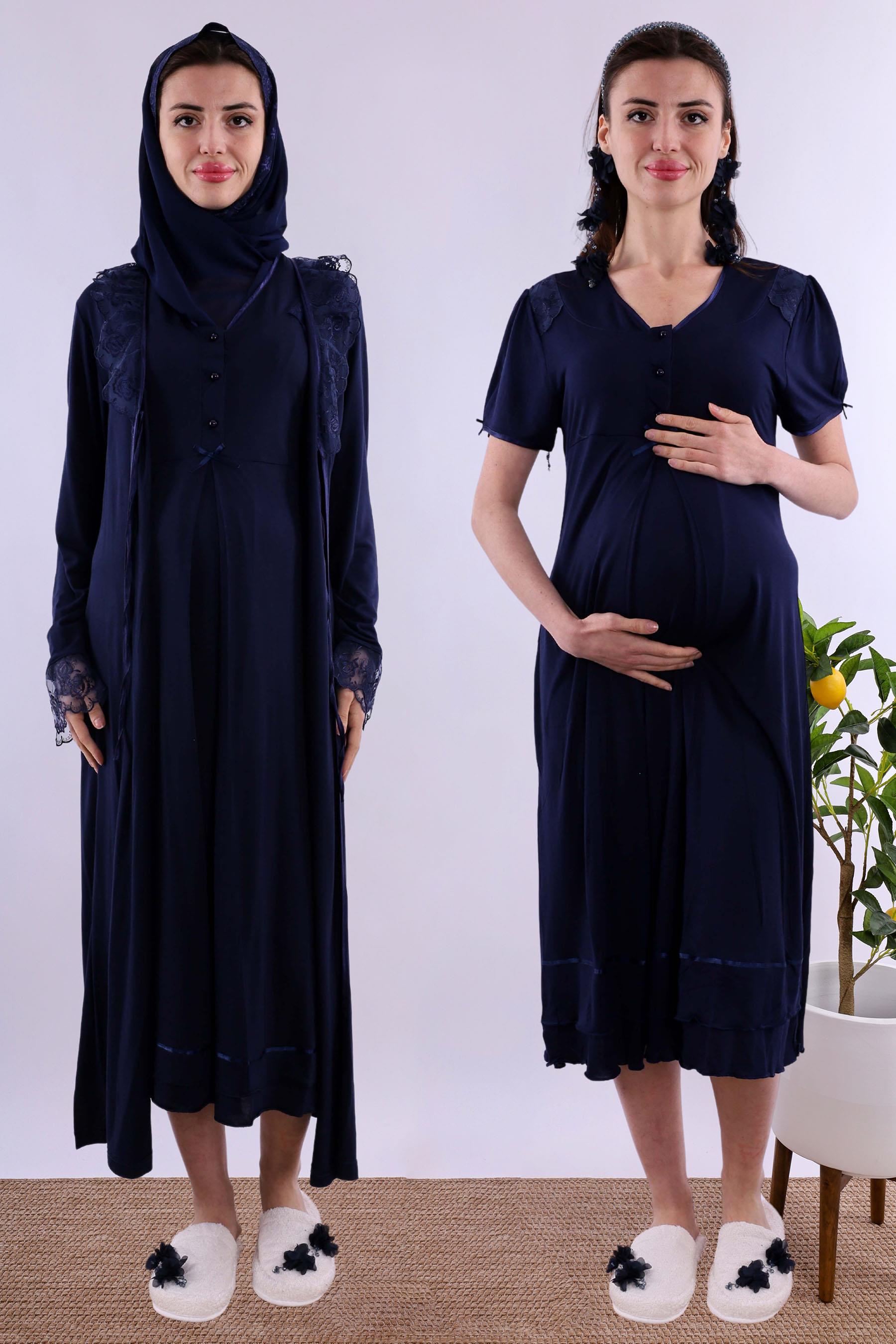 Effortt Lacivert Tesettürlü Sabahlıklı Hamile Lohusa Gecelik Takım BYL2T80252