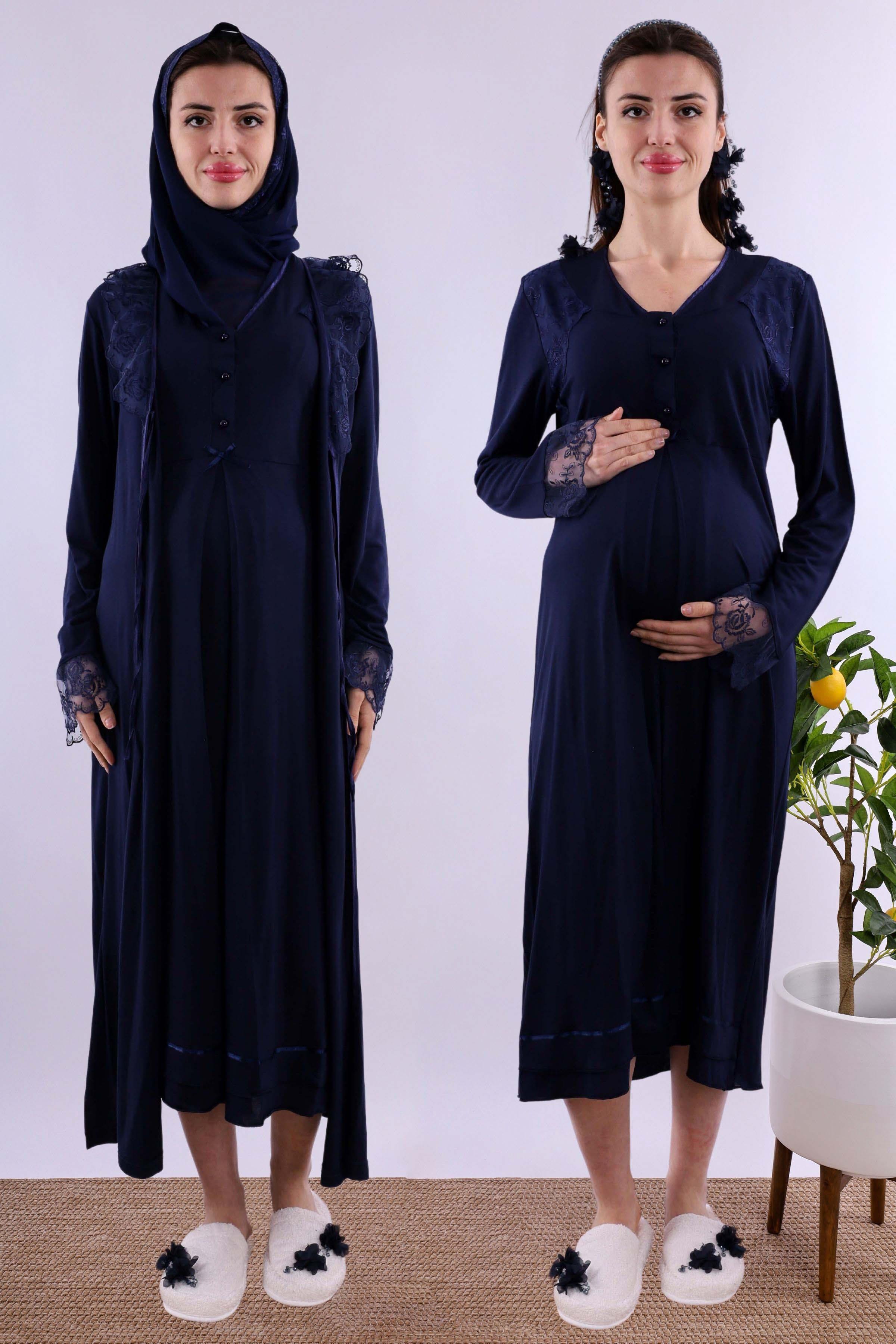 Effortt Lacivert Tesettürlü Sabahlıklı Hamile Lohusa Gecelik Takım BYL2T24252