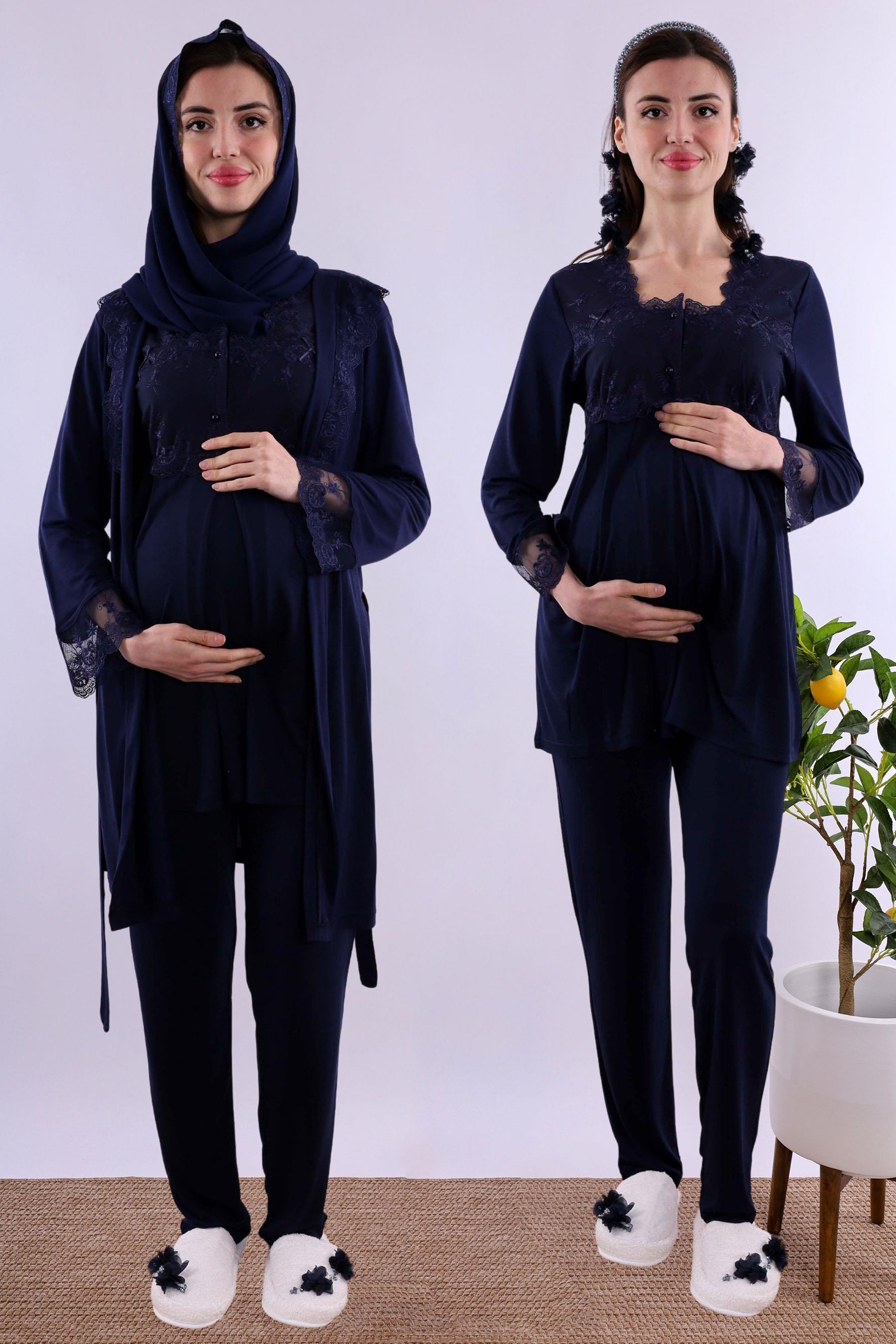 Effortt Lacivert Tesettürlü Sabahlıklı Hamile Lohusa Pijama Takımı BYL2T24012