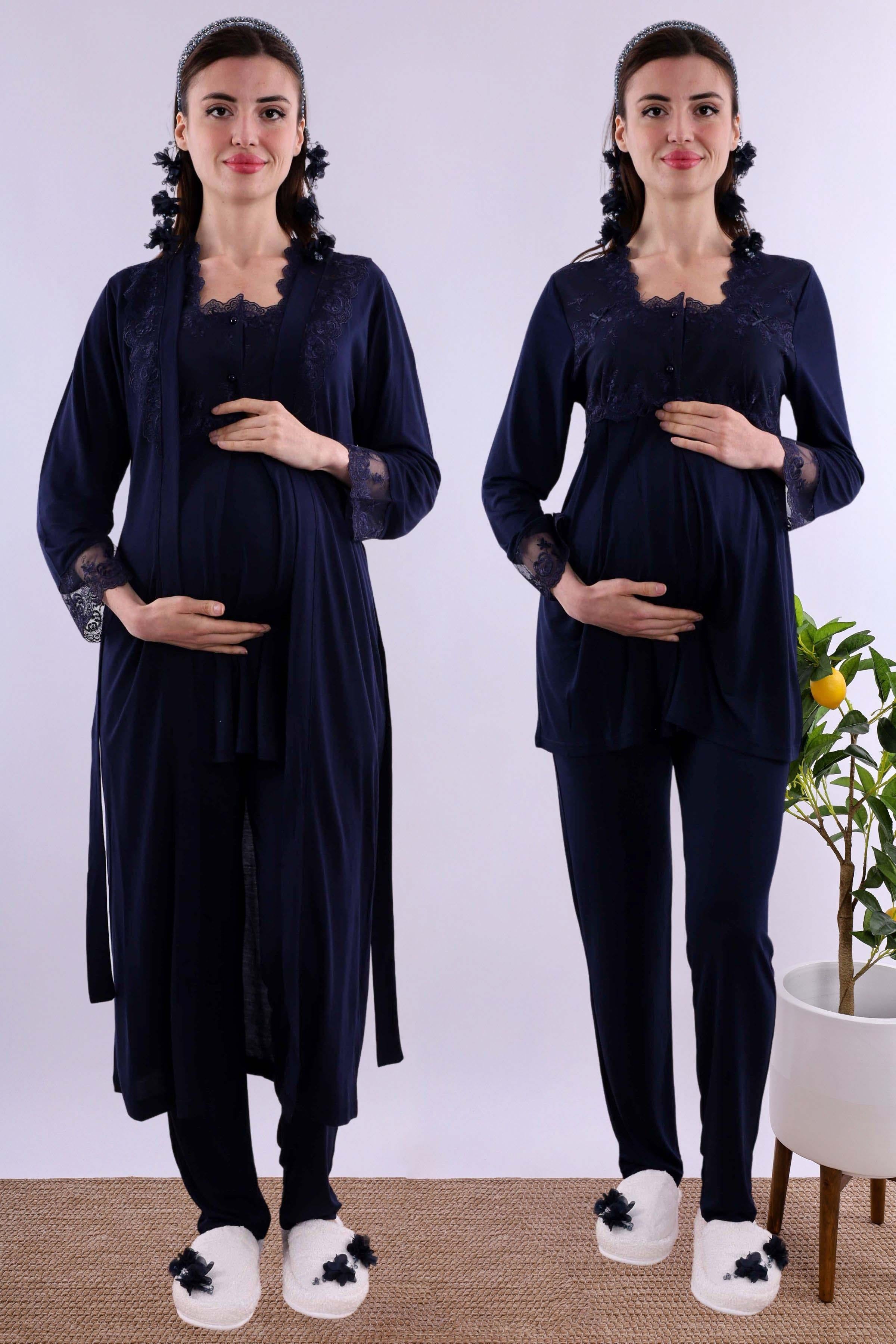 Effortt Lacivert Uzun Sabahlıklı Hamile Lohusa Pijama Takımı BYL224072
