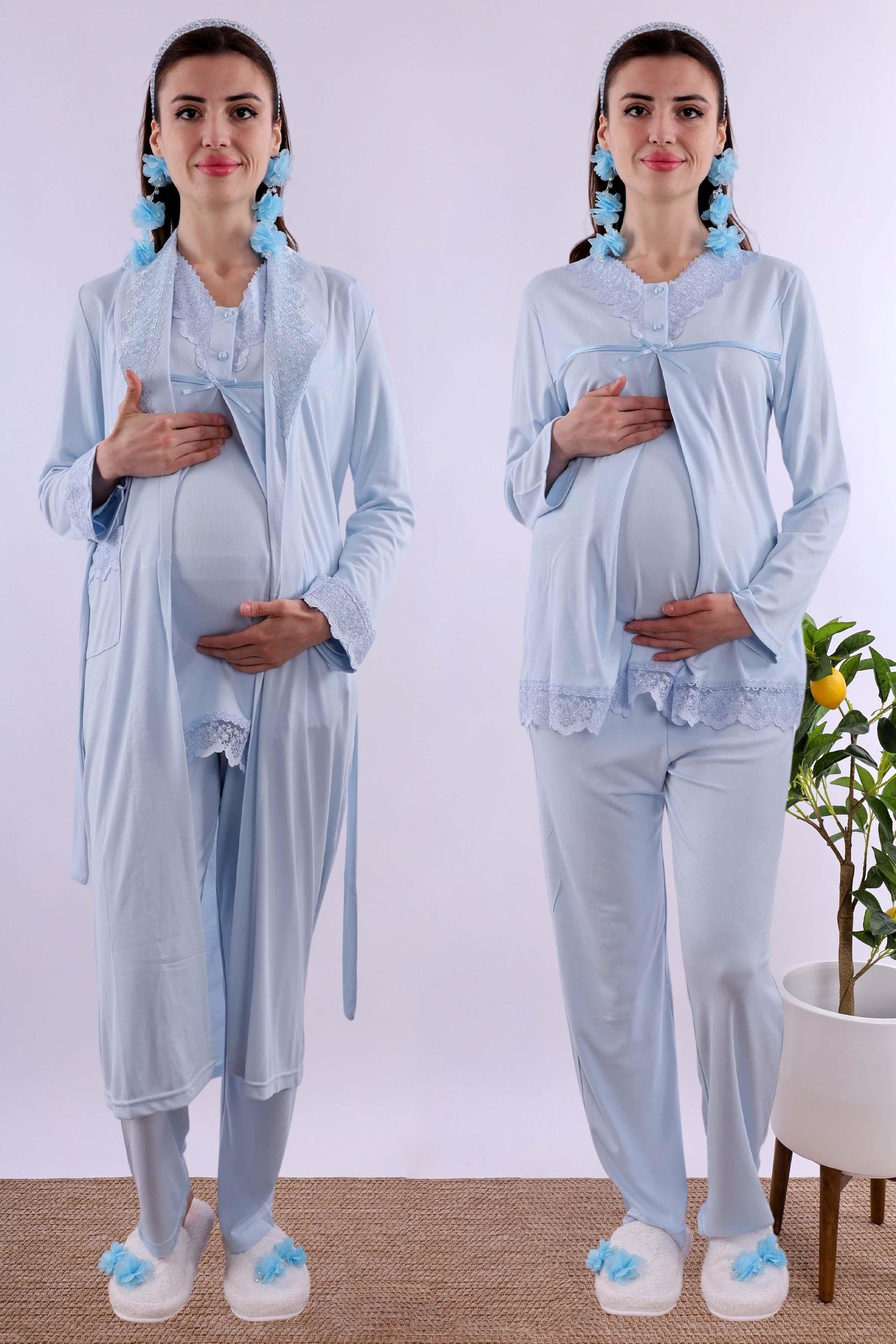 Effortt Mavi Sabahlıklı Hamile Lohusa Pijama Takımı BYL240342