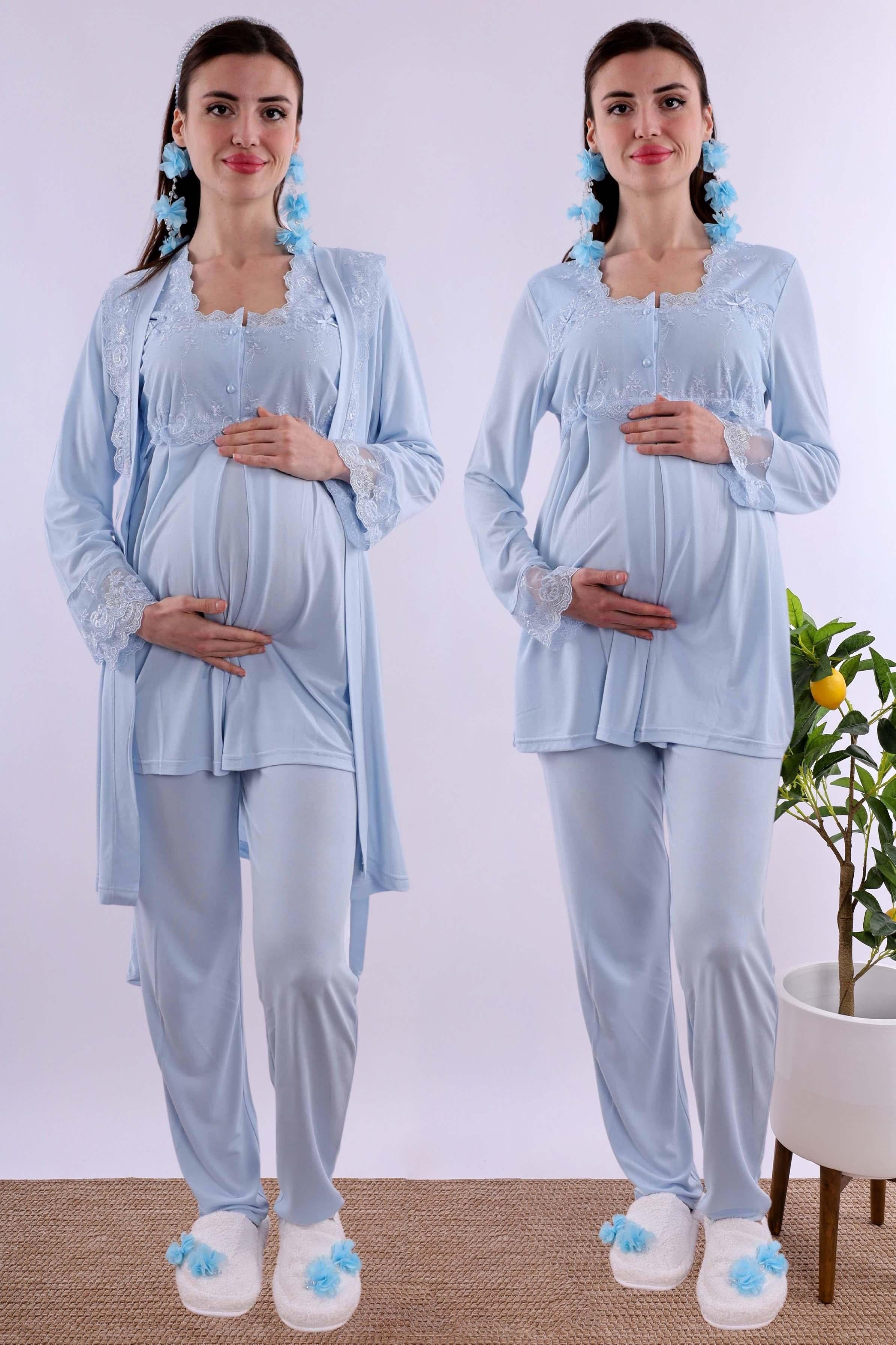Effortt Mavi Sabahlıklı Hamile Lohusa Pijama Takımı BYL224012