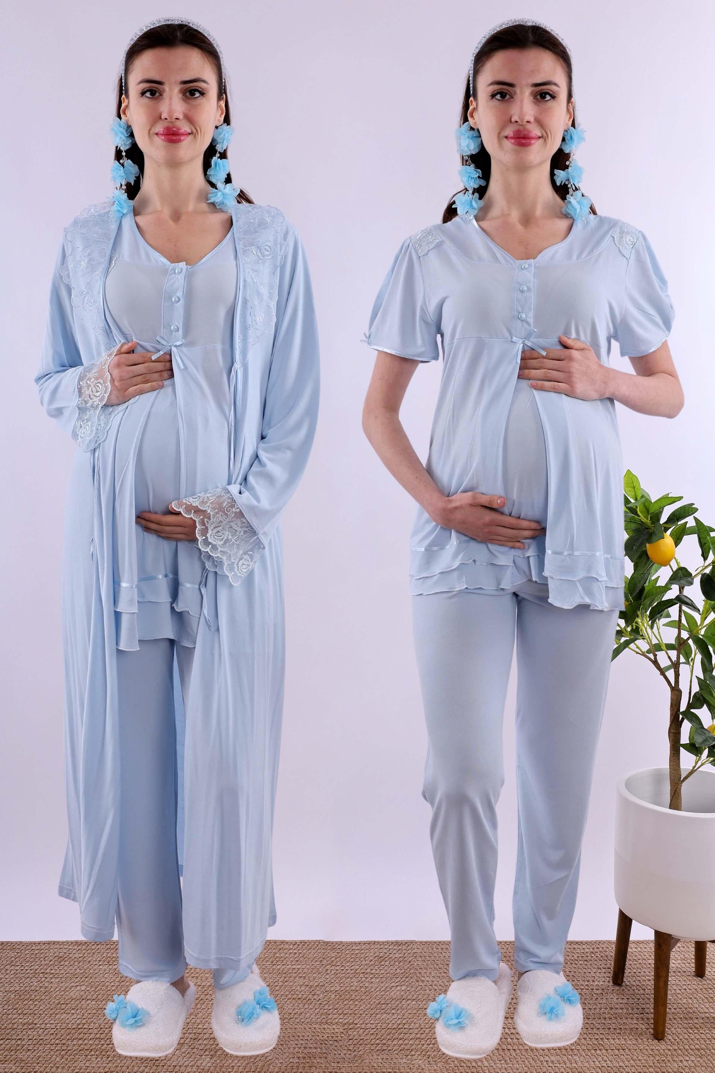 Effortt Mavi Sabahlıklı Hamile Lohusa Pijama Takımı BYL280242