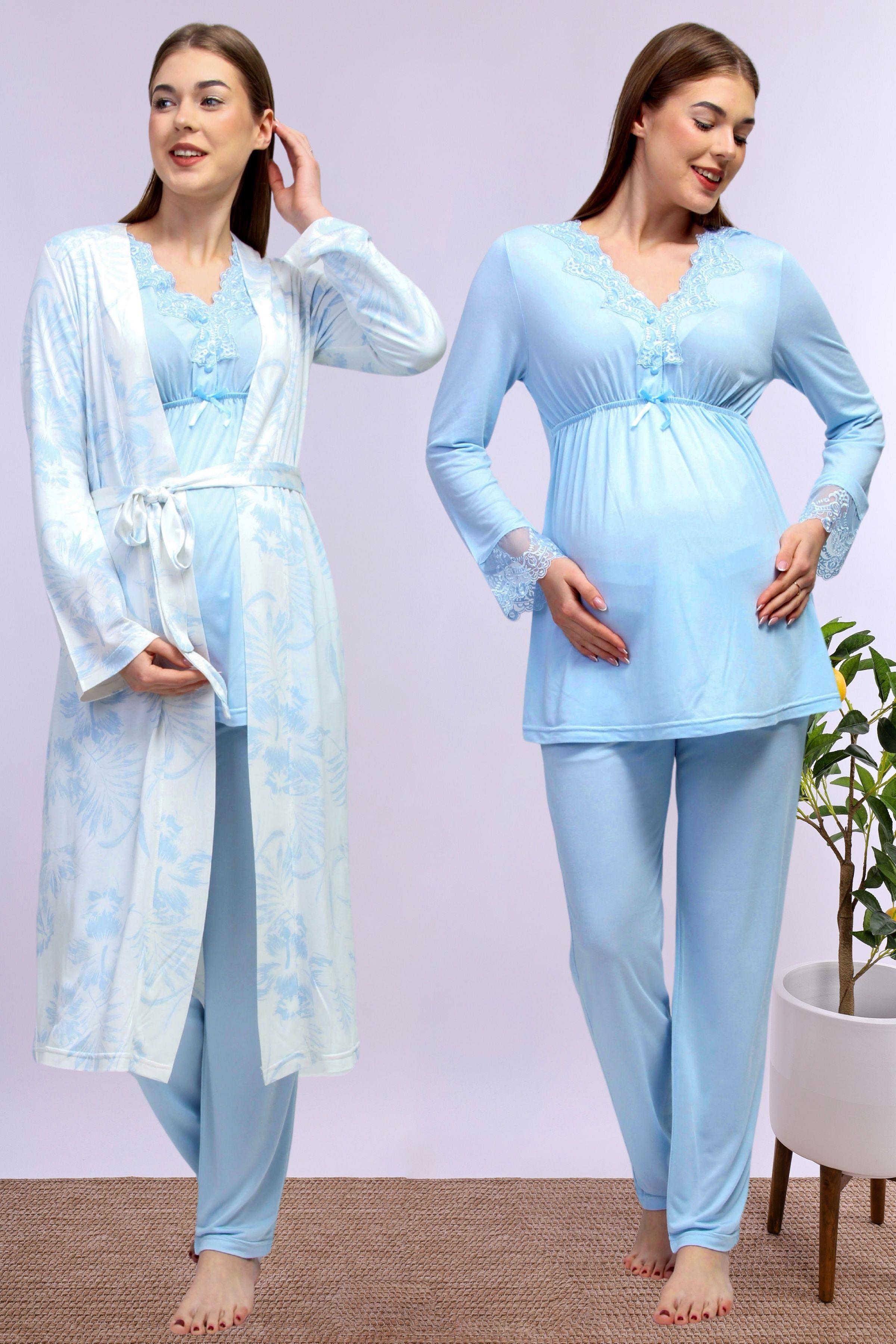 Effortt Mavi Sabahlıklı Lohusa Pijama Takımı BYL280942