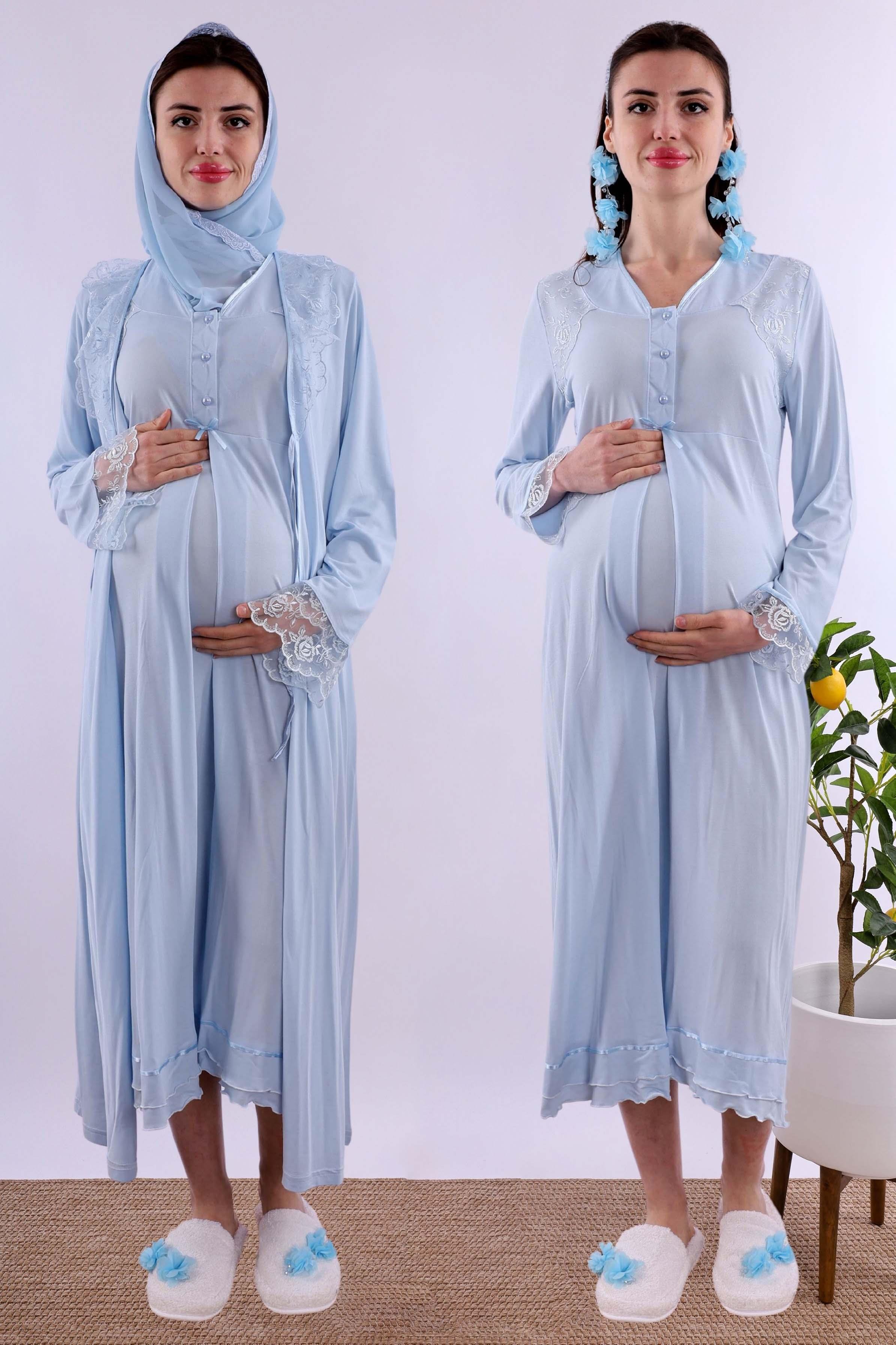 Effortt Mavi Tesettürlü Sabahlıklı Hamile Lohusa Gecelik Takım BYL2T24252
