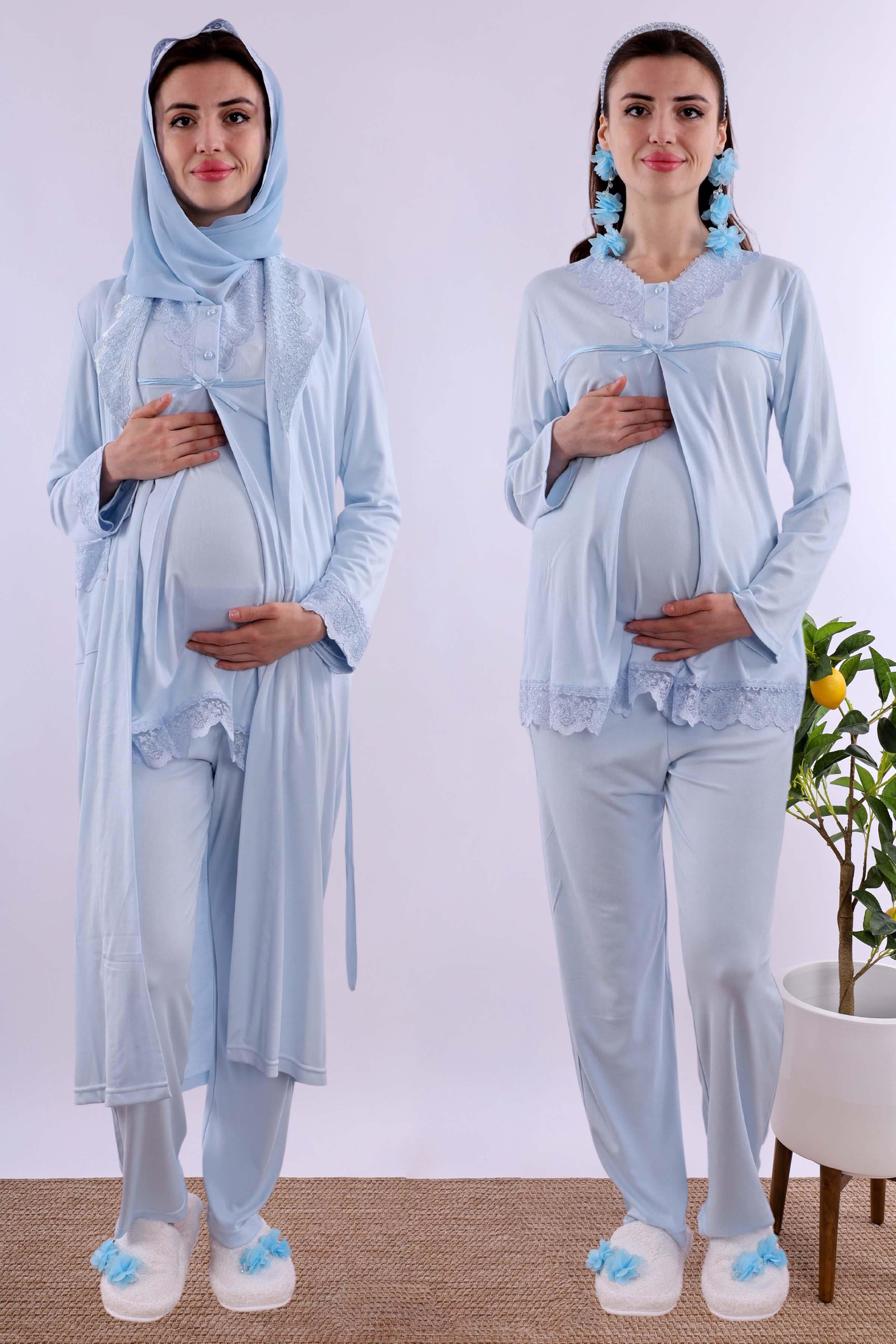 Effortt Mavi Tesettürlü Sabahlıklı Hamile Lohusa Pijama Takımı BYL2T40342