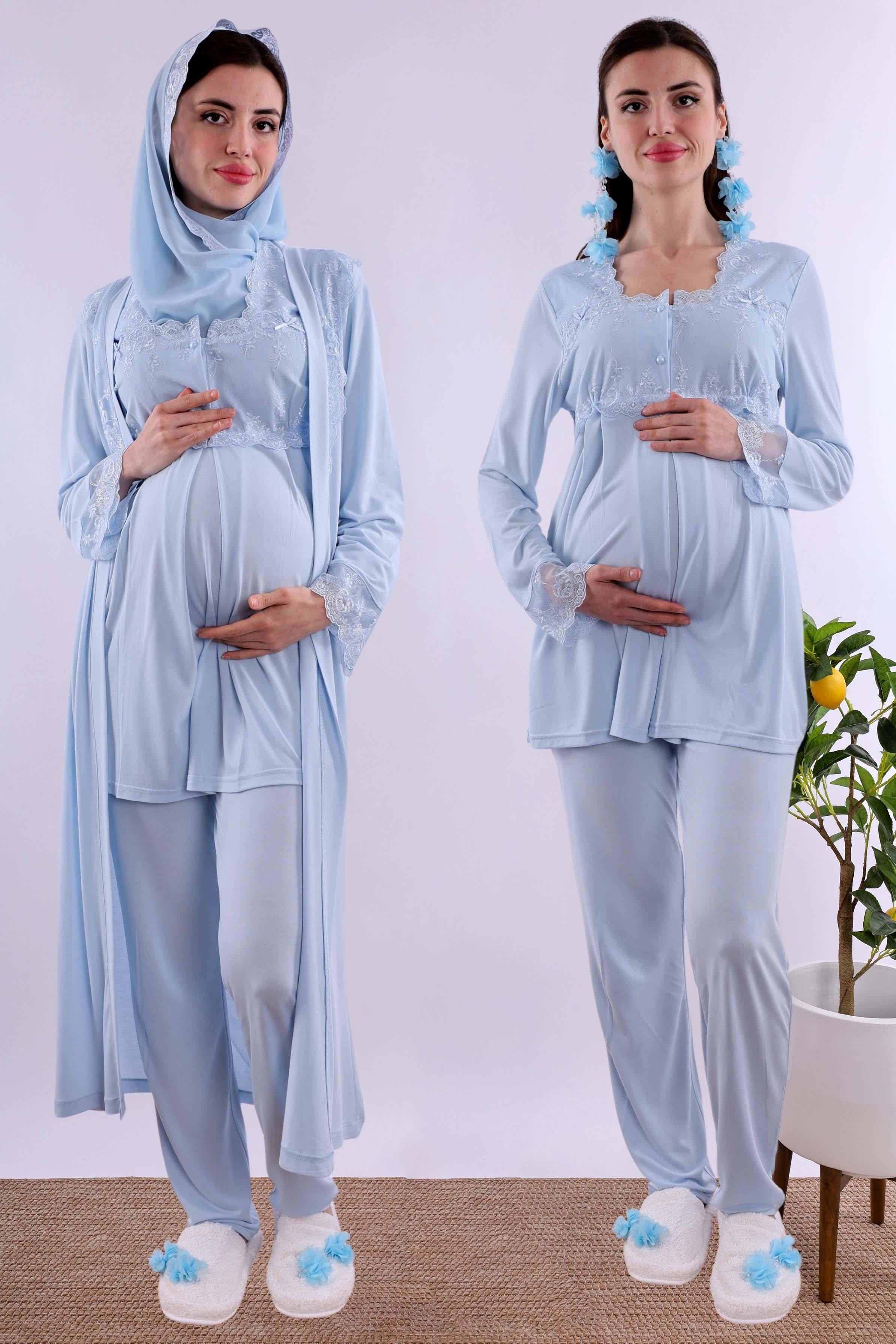 Effortt Mavi Tesettürlü Uzun Sabahlıklı Hamile Lohusa Pijama Takımı BYL2T24072