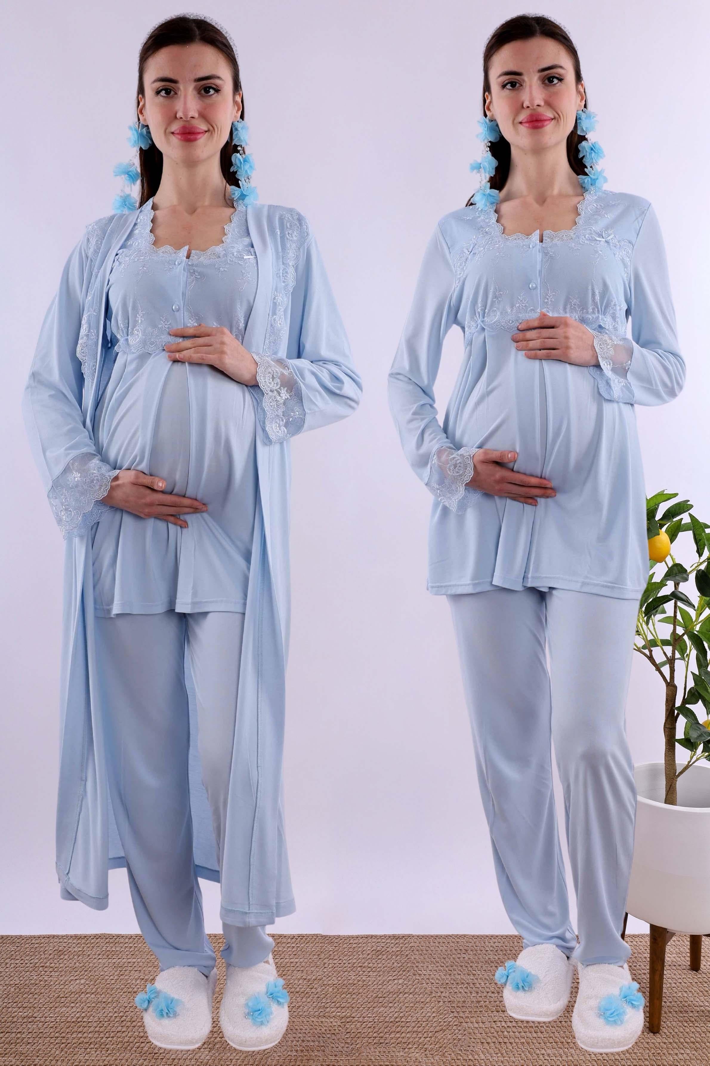 Effortt Mavi Uzun Sabahlıklı Hamile Lohusa Pijama Takımı BYL224072