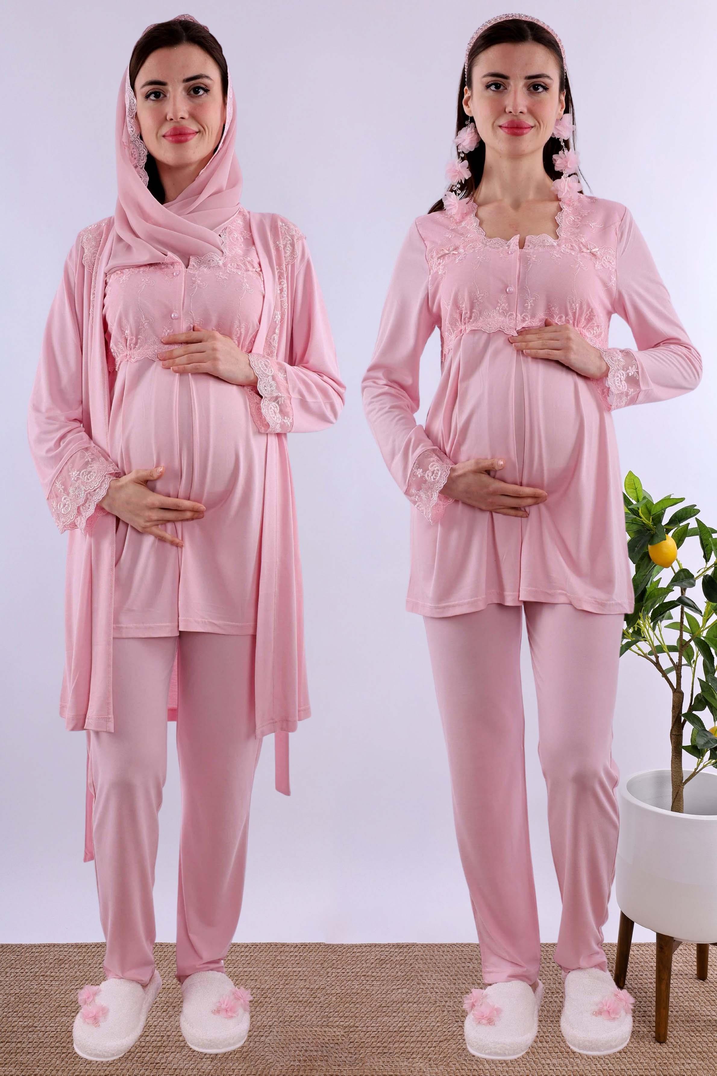 Effortt Pembe Tesettürlü Sabahlıklı Hamile Lohusa Pijama Takımı BYL2T24012