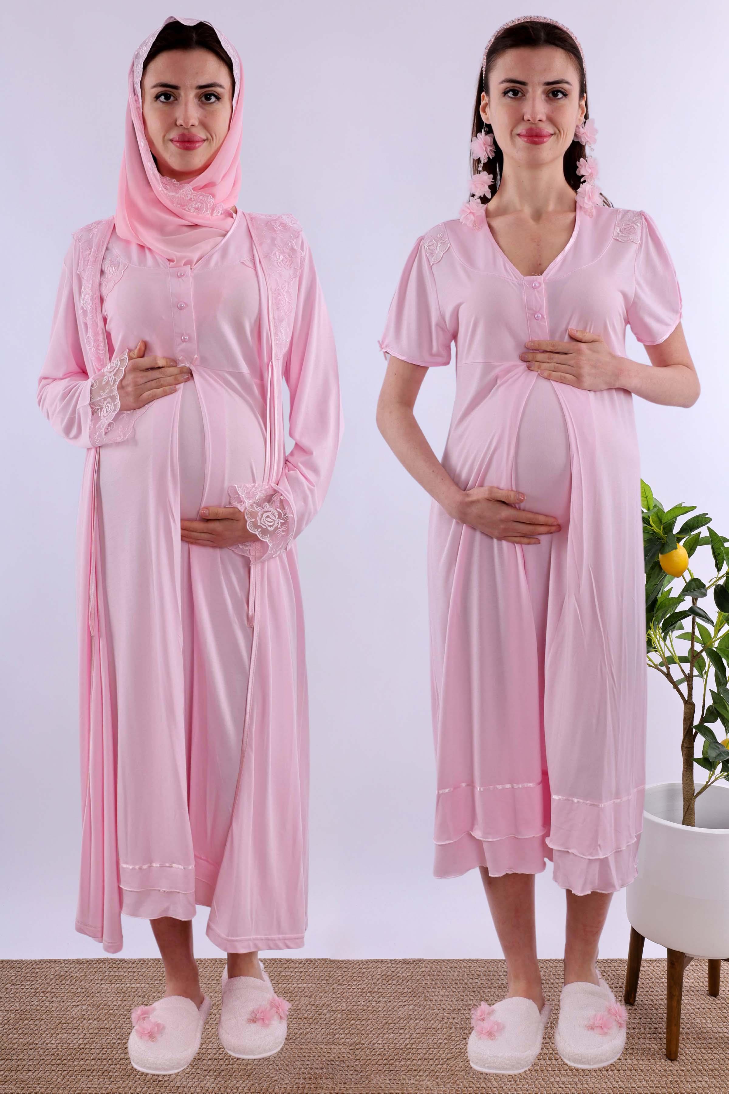 Effortt Pembe Tesettürlü Sabahlıklı Hamile Lohusa Gecelik Takım BYL2T80252
