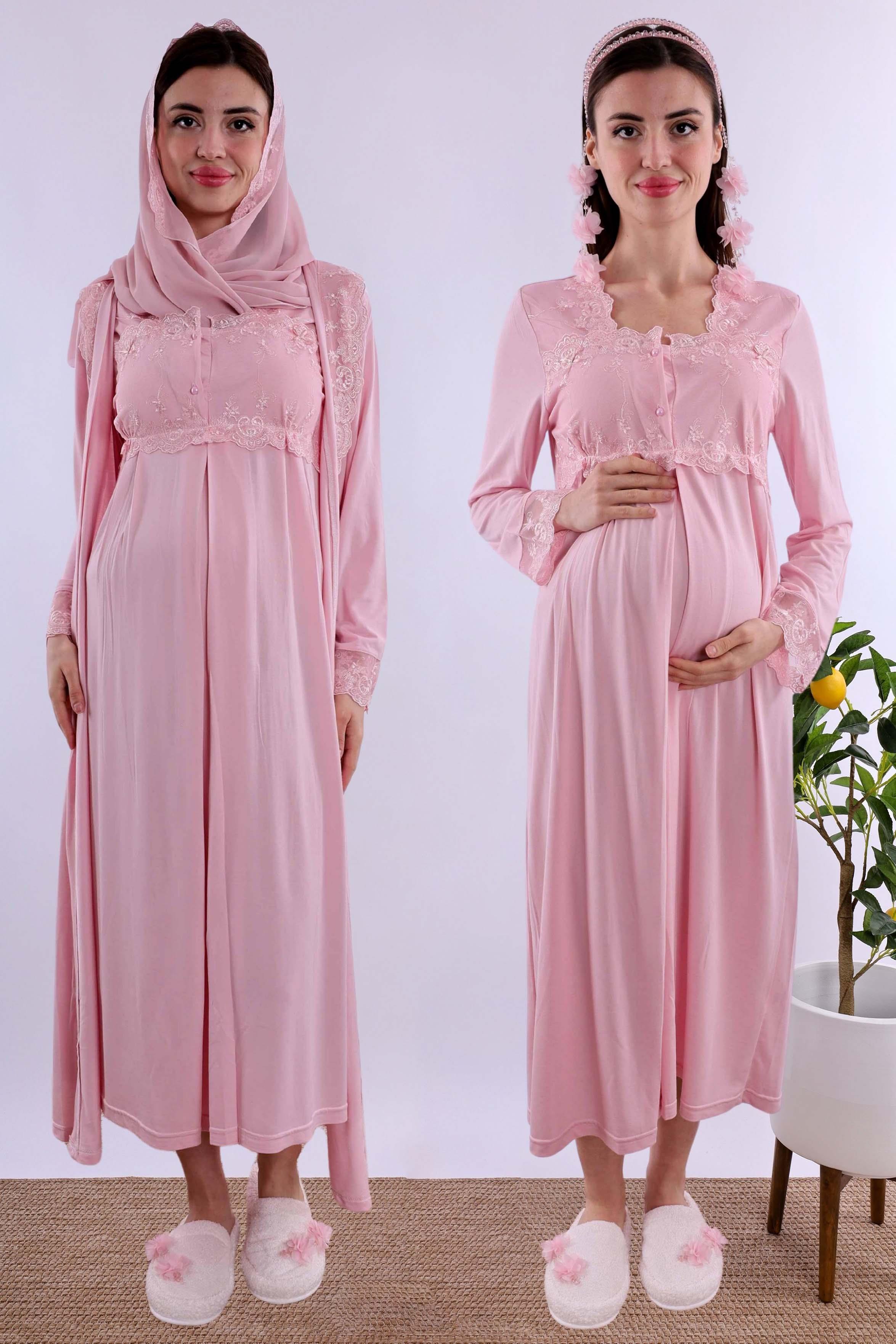 Effortt Pembe Tesettürlü Sabahlıklı Hamile Lohusa Gecelik Takım BYL2T24022