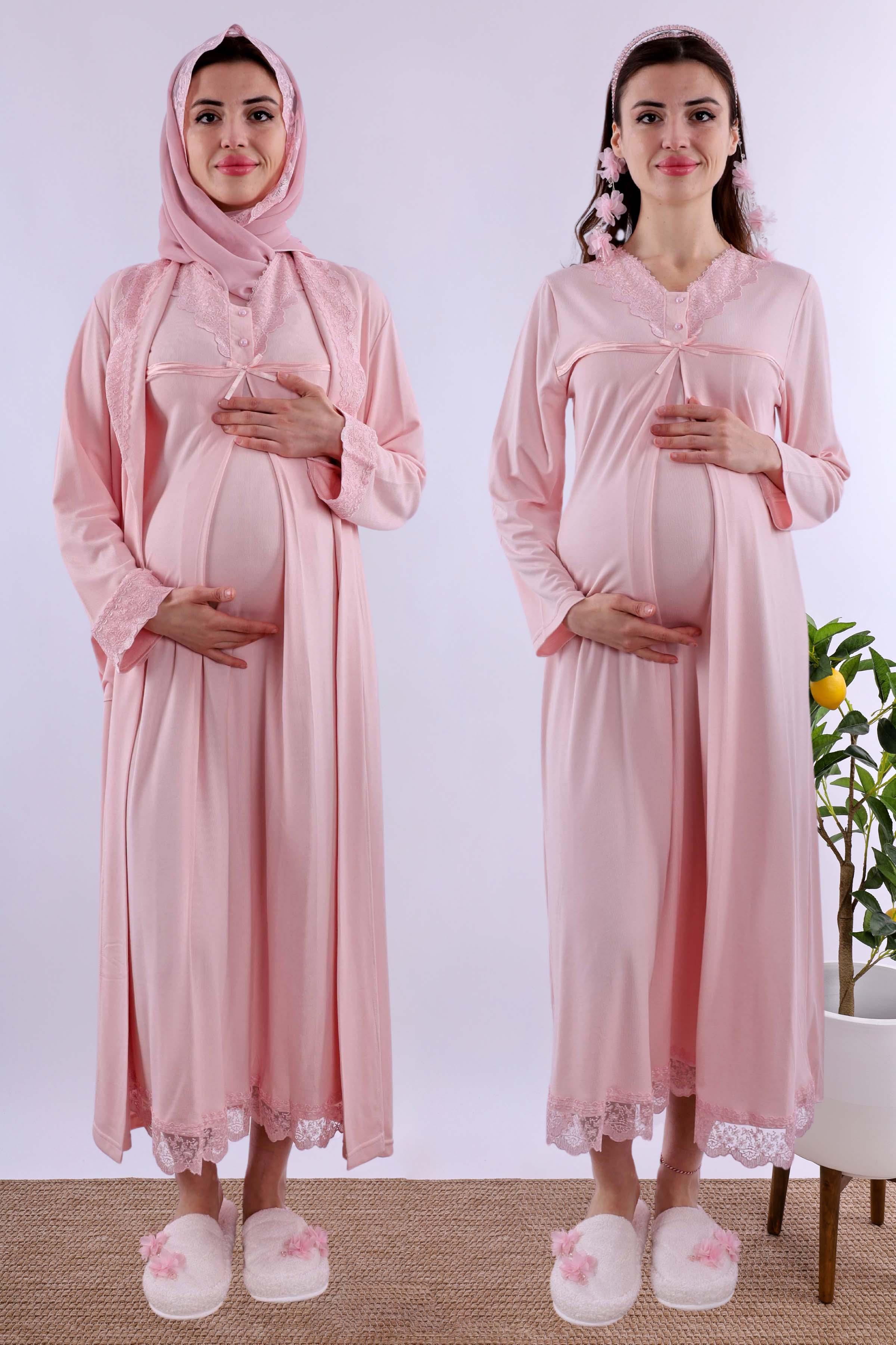 Effortt Pembe Tesettürlü Sabahlıklı Hamile Lohusa Gecelik Takım BYL2T40352