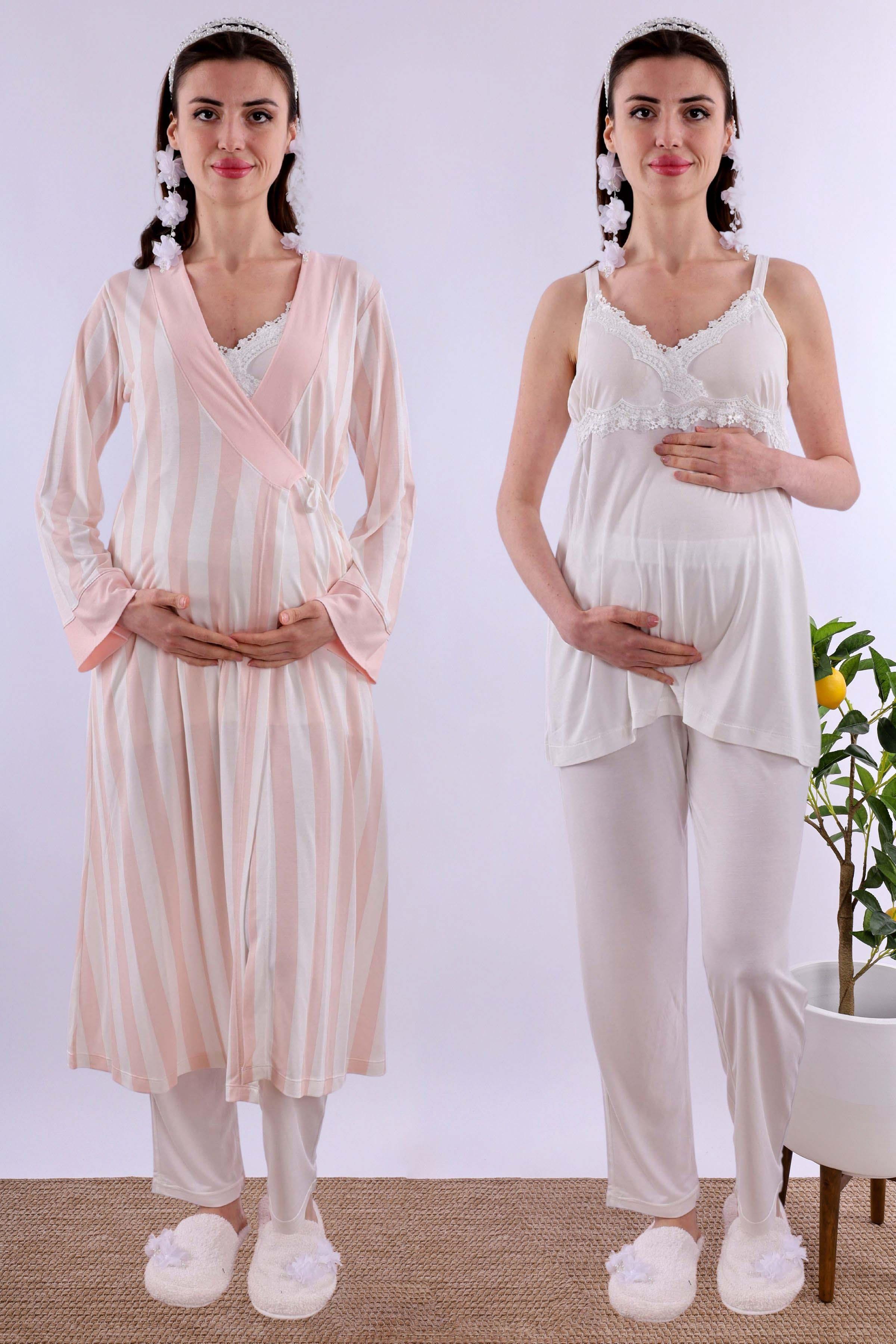 Effortt Pudra/Ekru Sabahlıklı Hamile Lohusa Pijama Takımı BYL290342