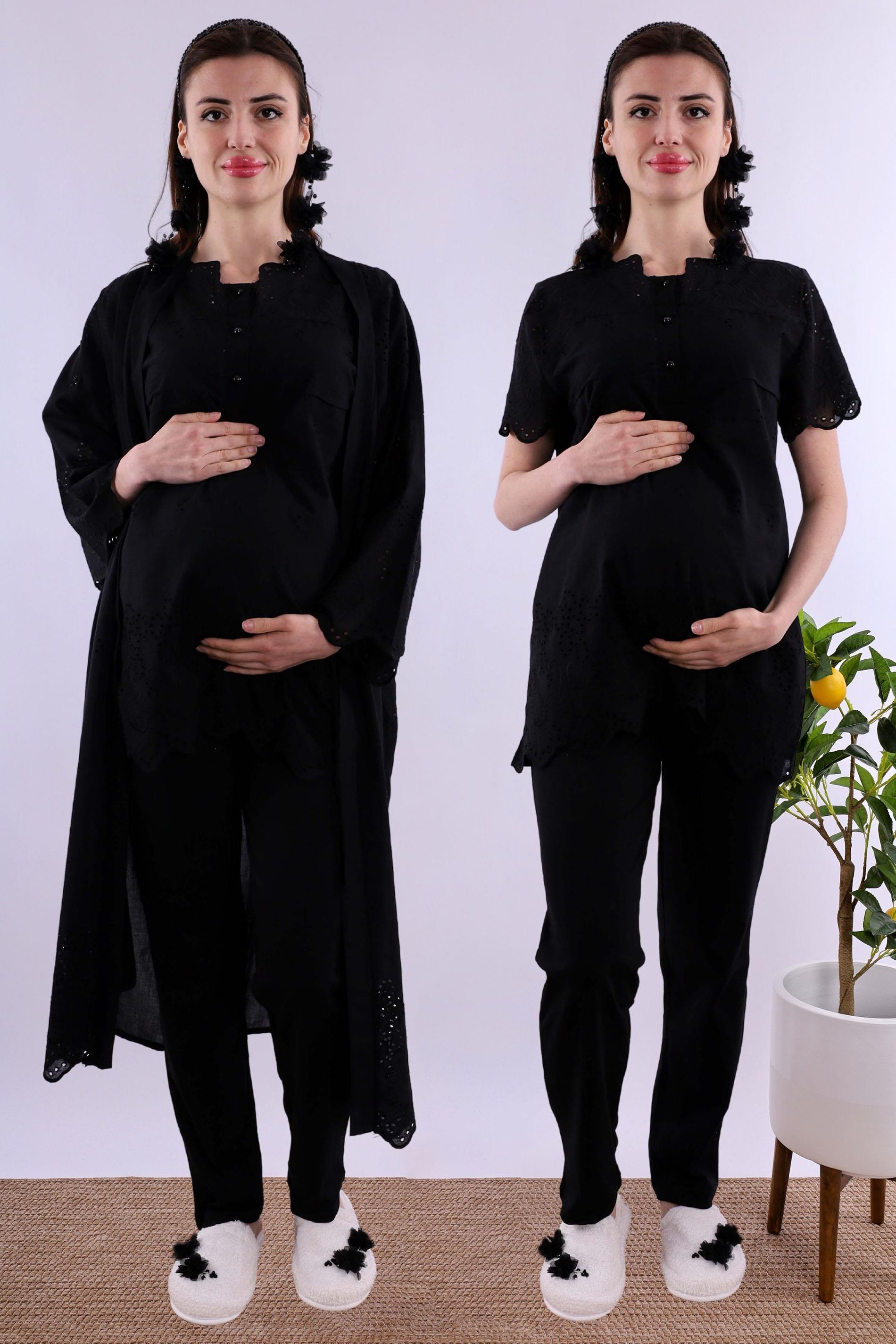 Effortt Siyah Fistolu Sabahlıklı Hamile Lohusa Pijama Takımı BYL290242