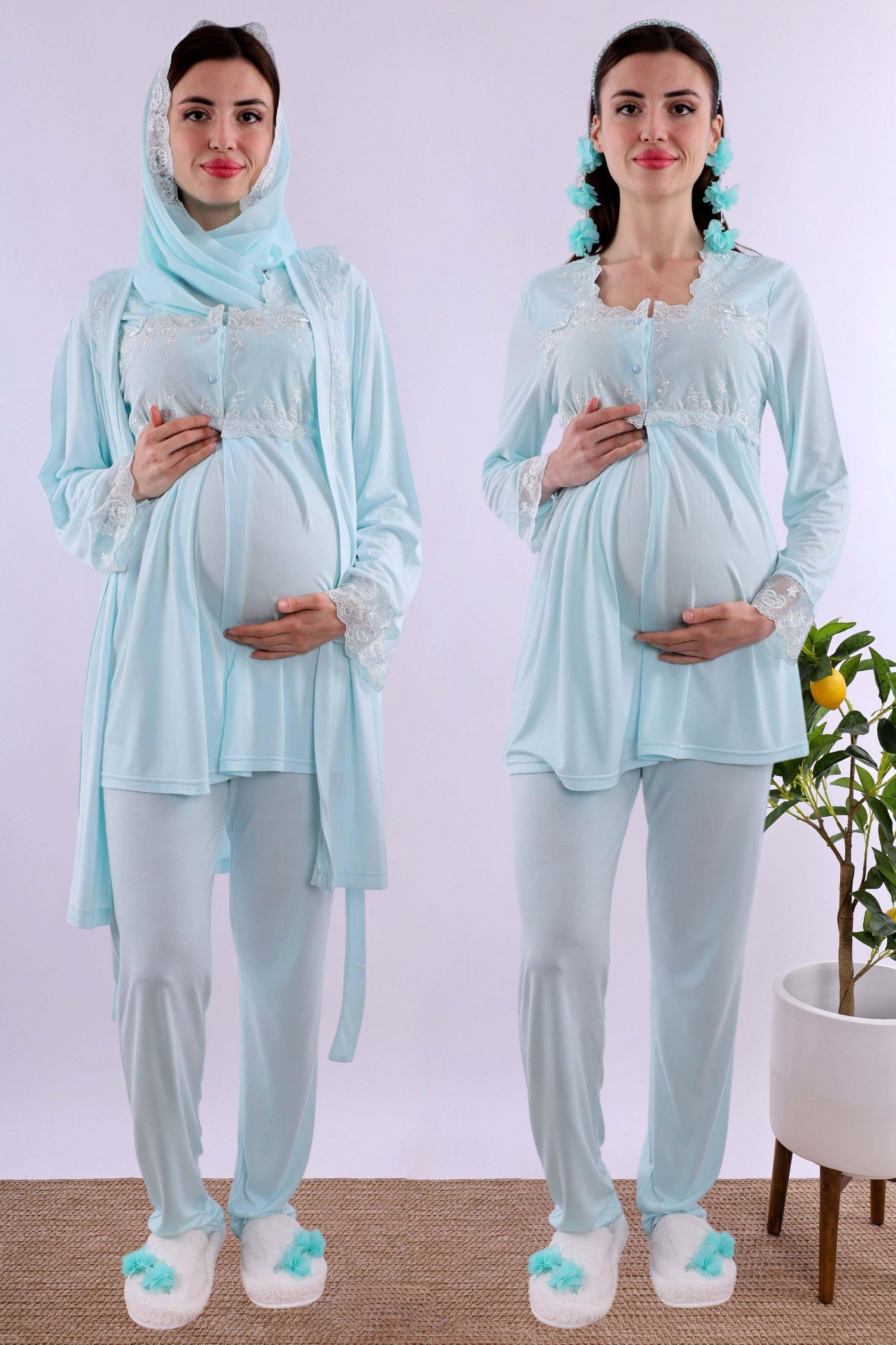 Effortt Turkuaz Tesettürlü Sabahlıklı Hamile Lohusa Pijama Takımı BYL2T24012